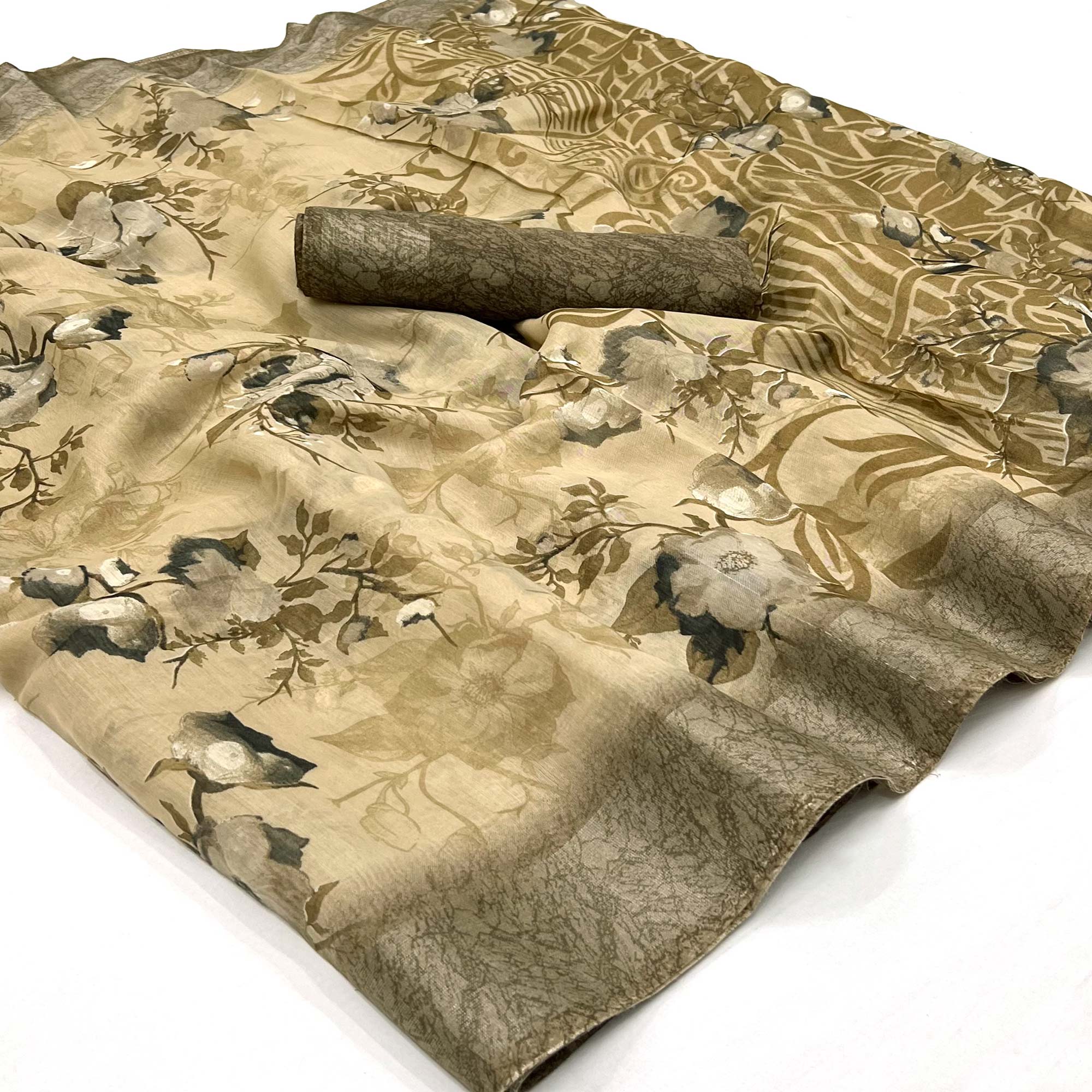 Chikoo Floral Printed Linen Saree