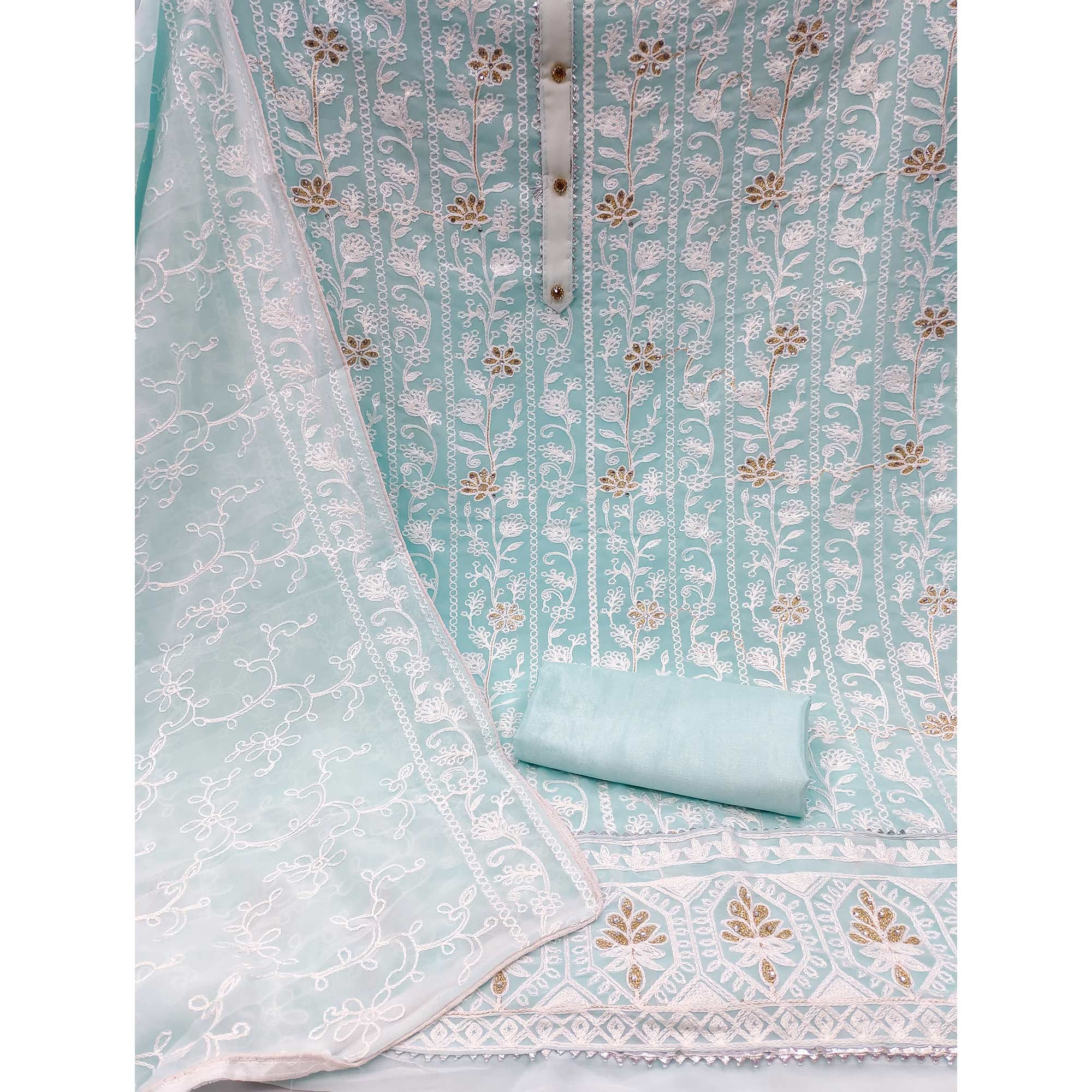 Blue Lucknowi Embroidered Georgette Dress Material