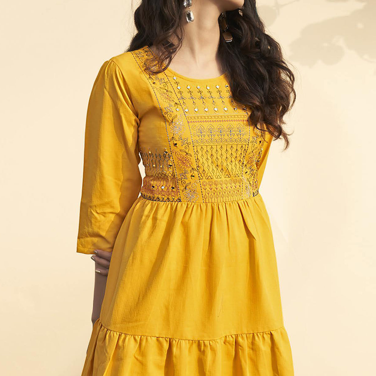 Yellow Embroidered Rayon Short Dress