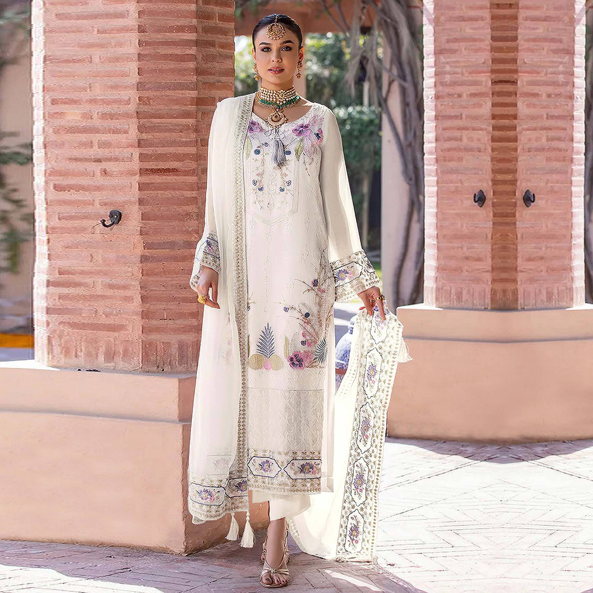 Offwhite Embroidered Georgette Pakistani Suit