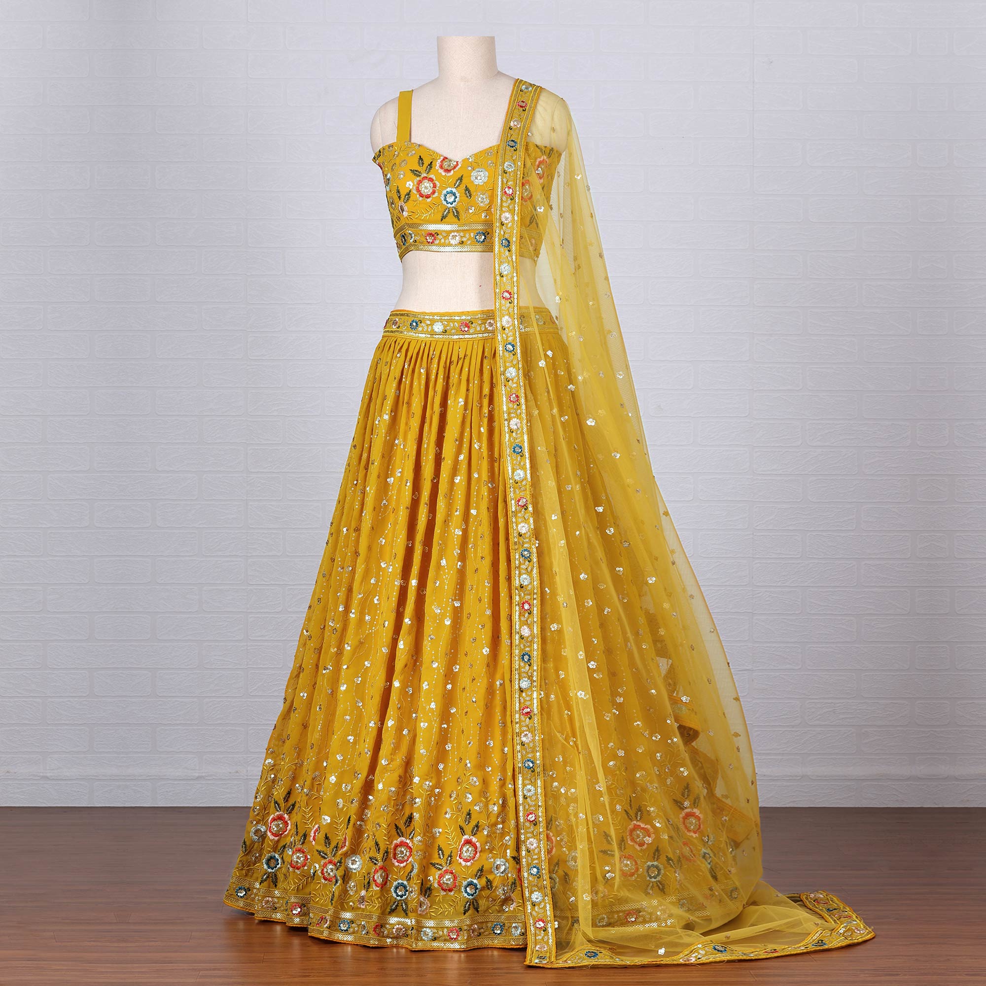 Mustard Sequins Embroidered Georgette Lehenga Choli