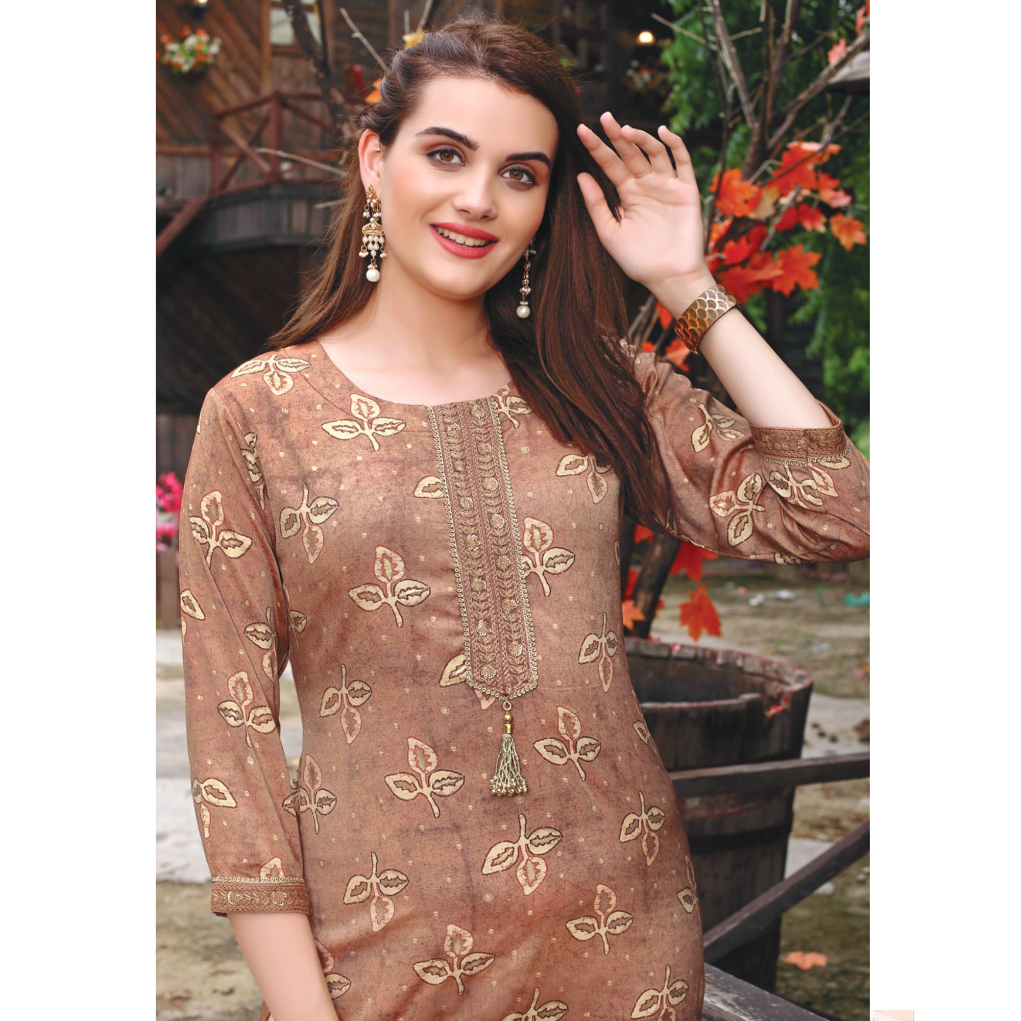 Brown Printed Muslin Kurti