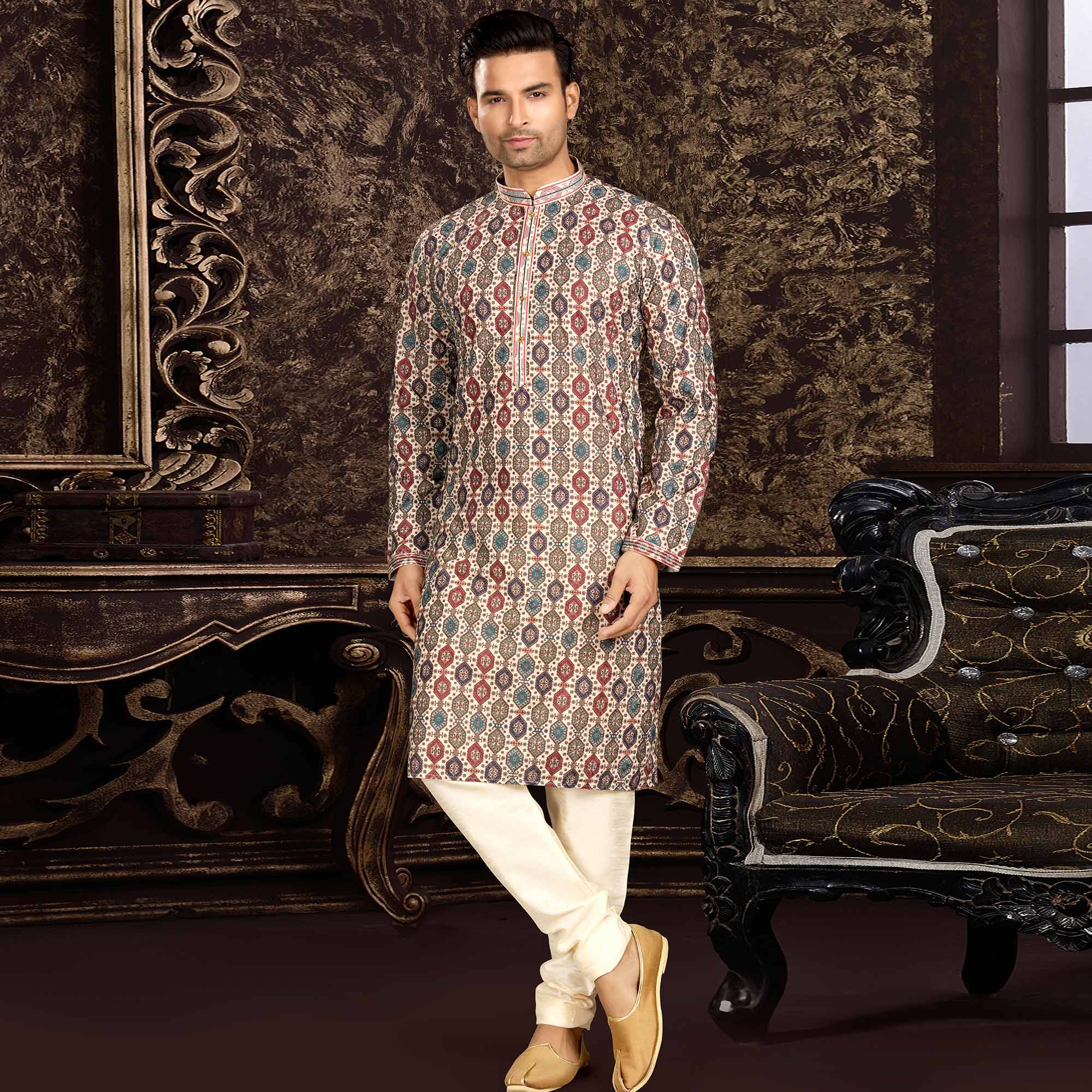 Multicolor Lucknowi And Digital Printed Cotton Kurta Pyjama Set