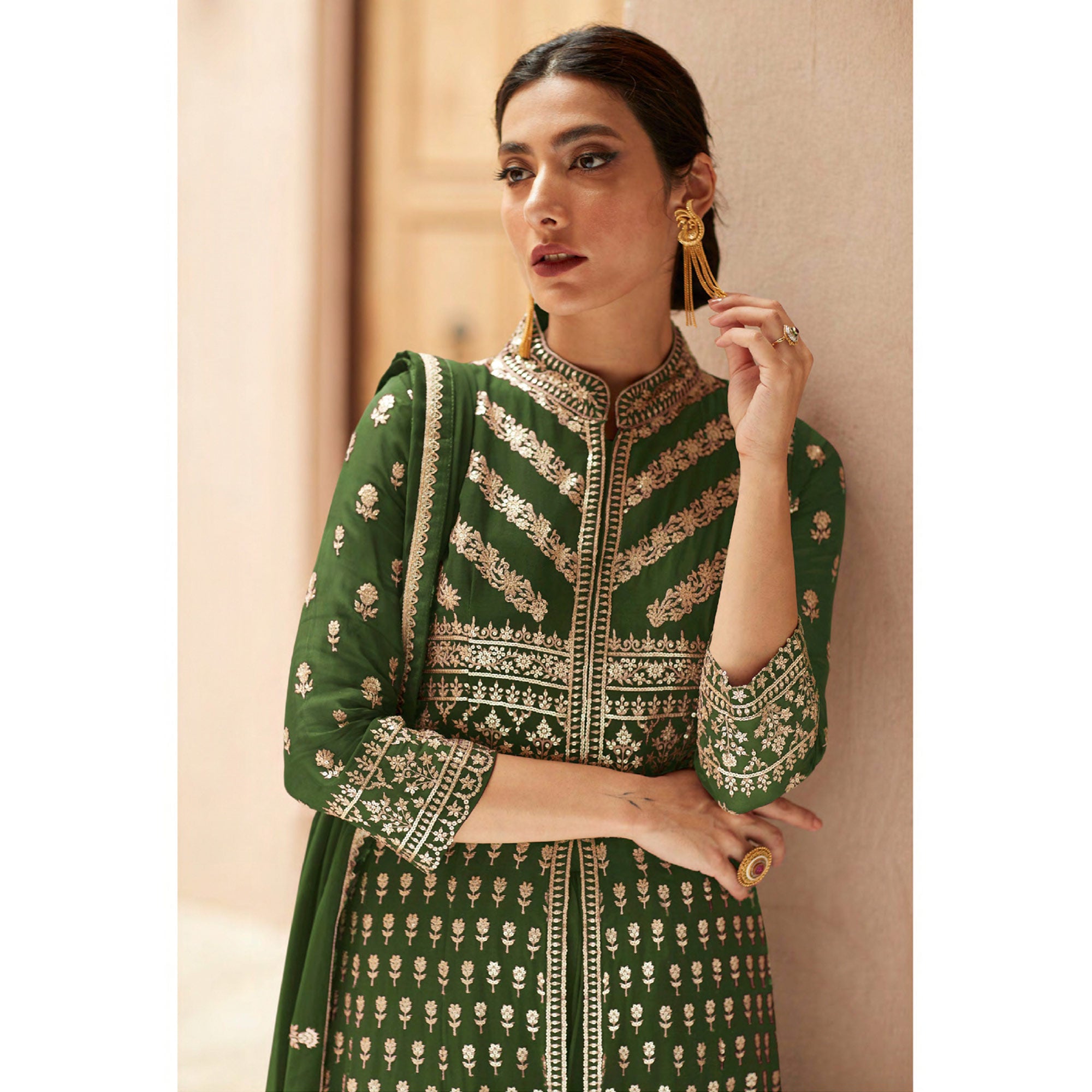 Green Sequins Embroidered Georgette Palazzo Suit