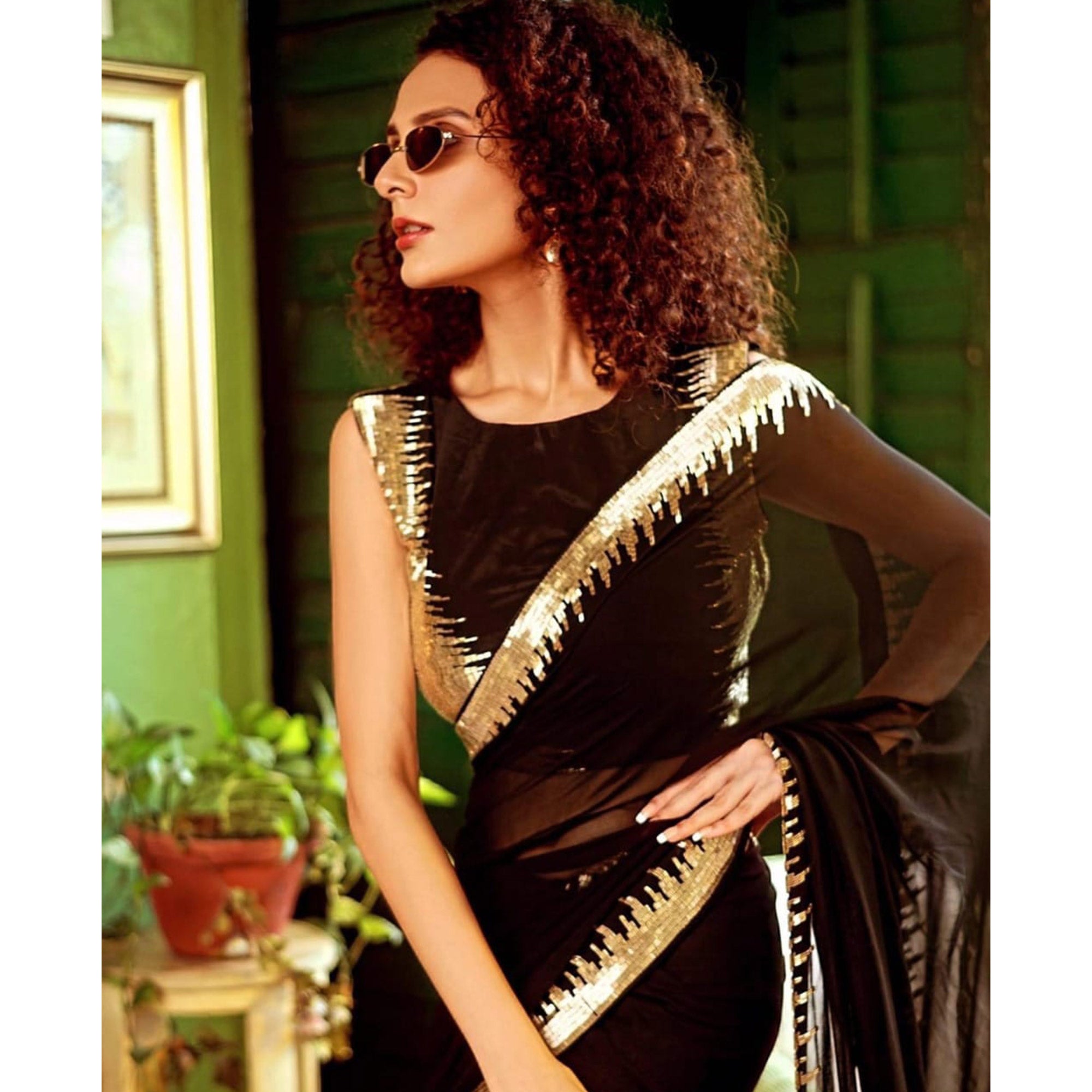 Black Sequins Embroidered Georgette Saree