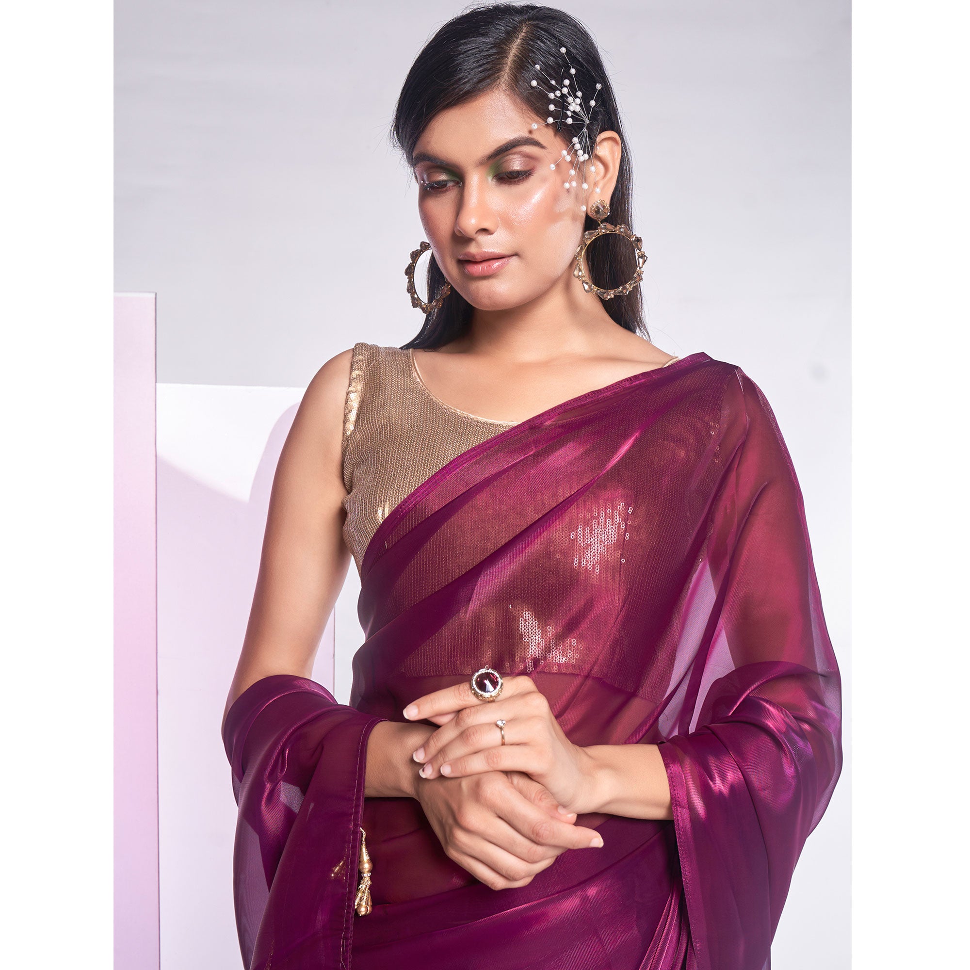Wine Solid Organza Saree With Tassels