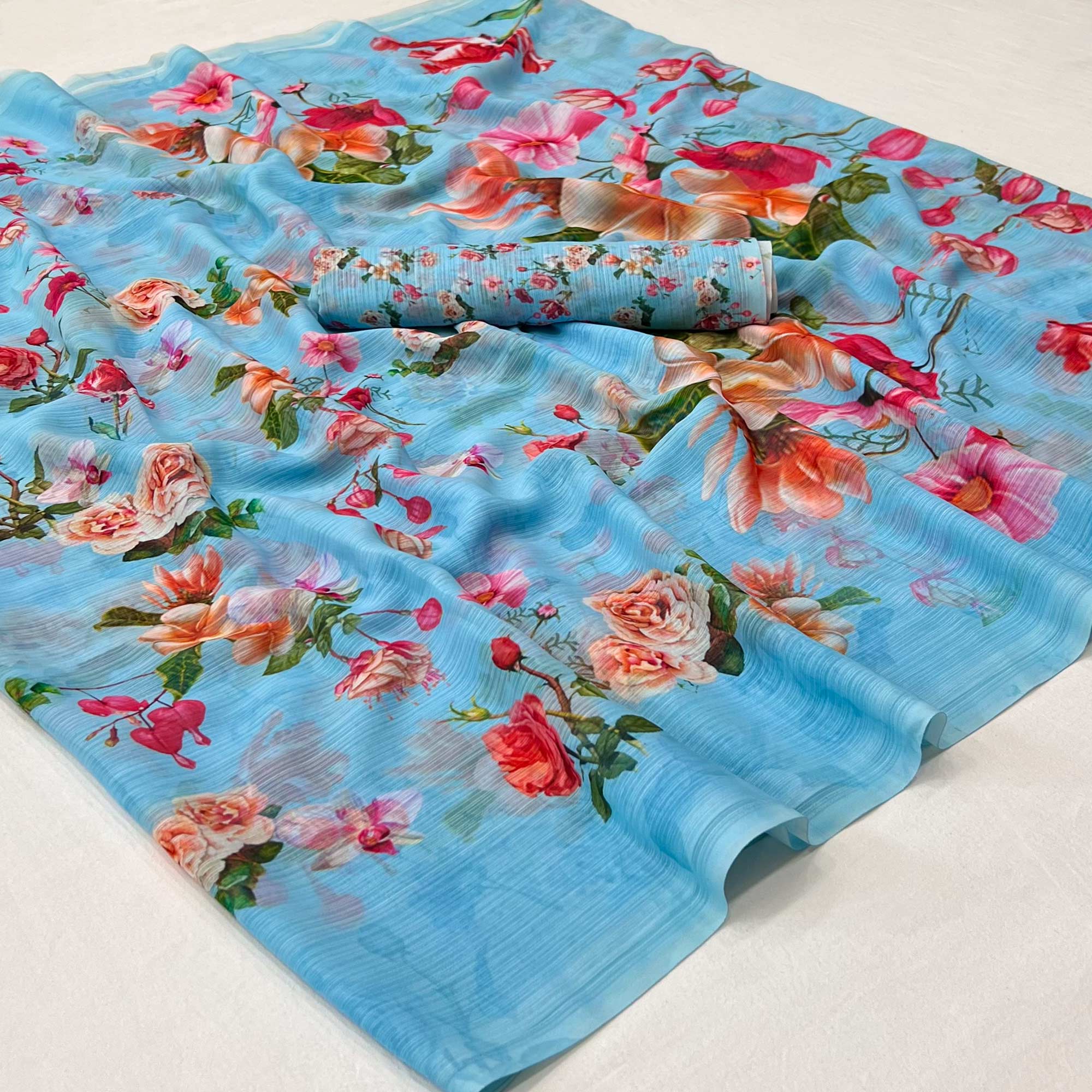 Blue Floral Digital Printed Georgette Saree