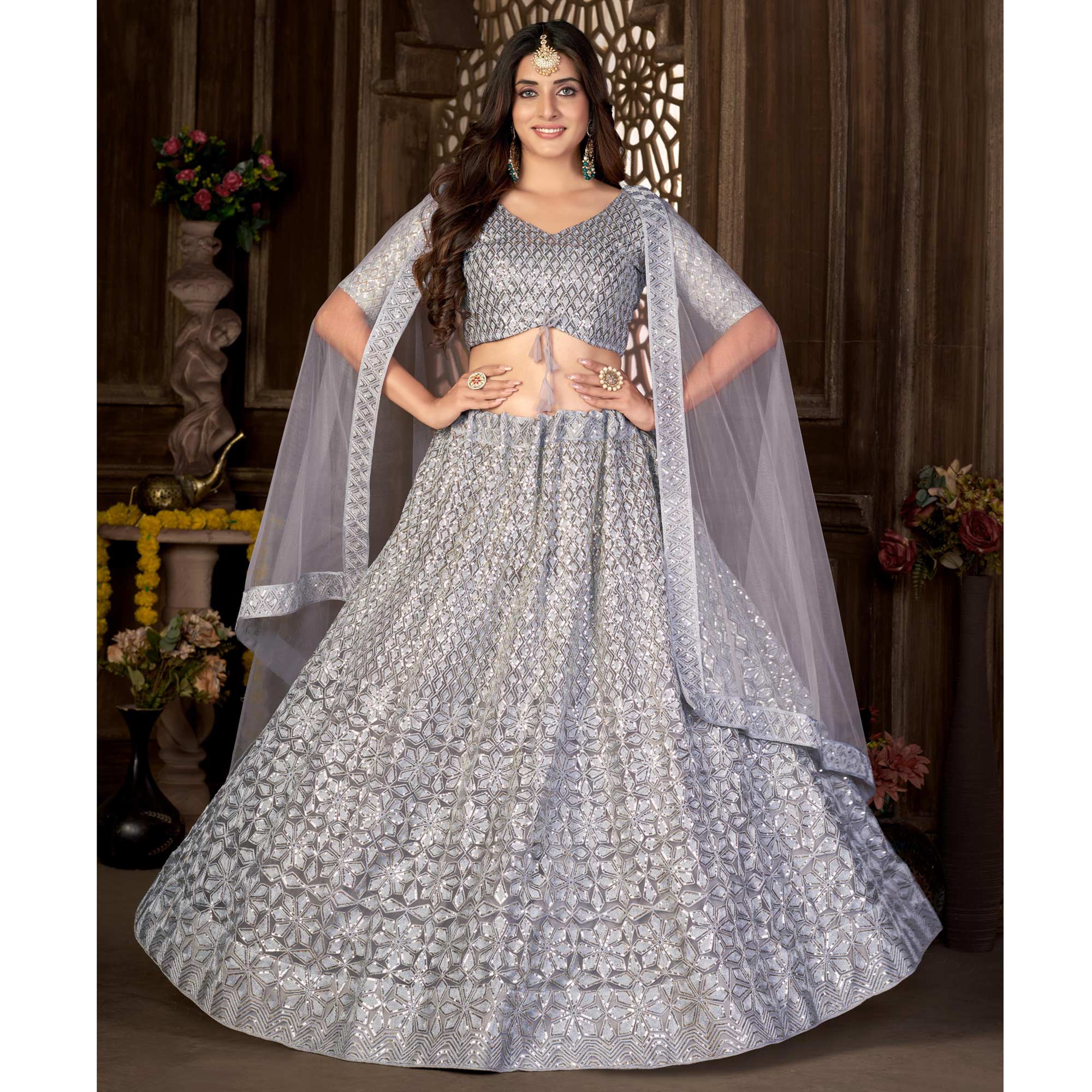 Grey Sequins Embroidered Net Lehenga Choli