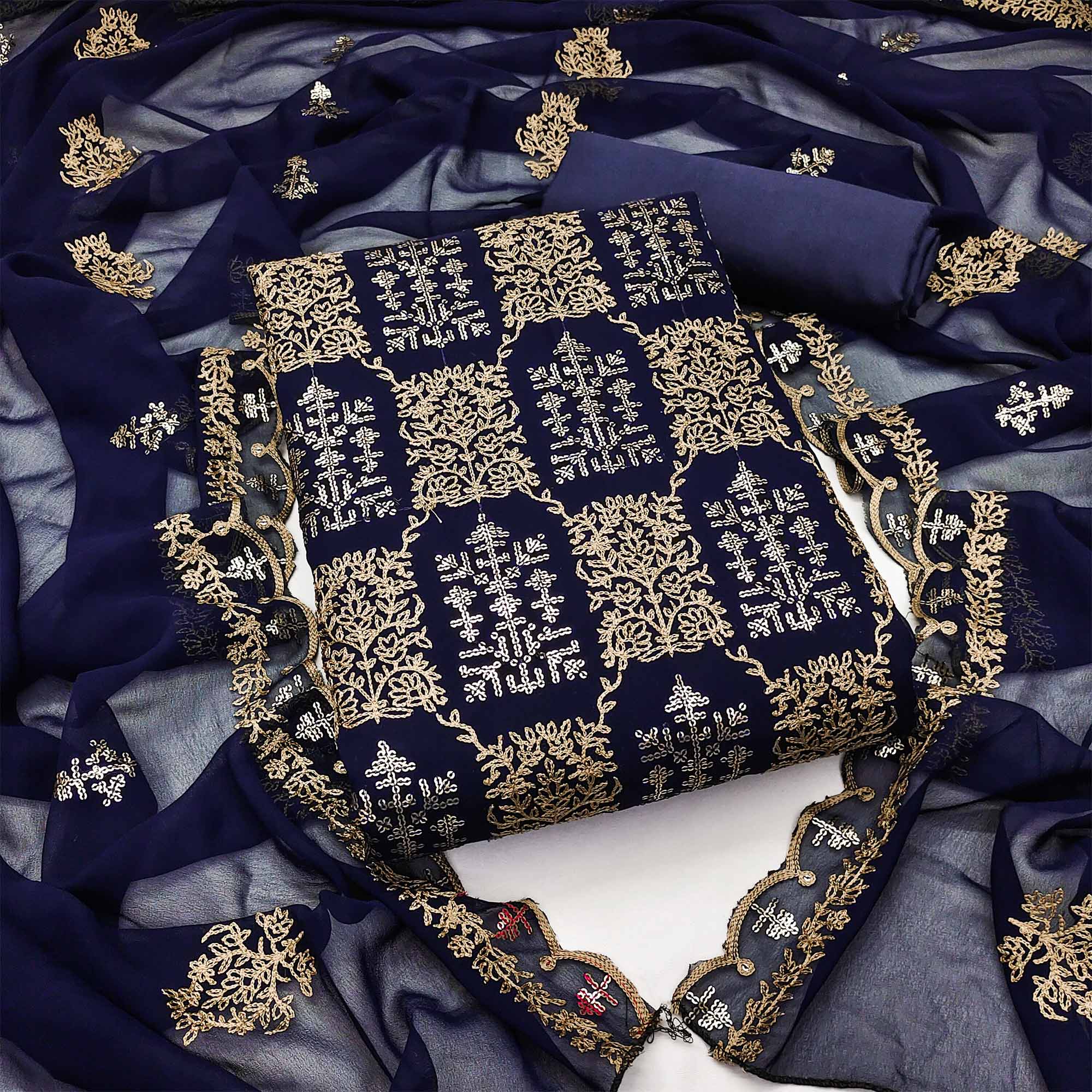 Navy Blue Sequins Embroidered Georgette Dress Material