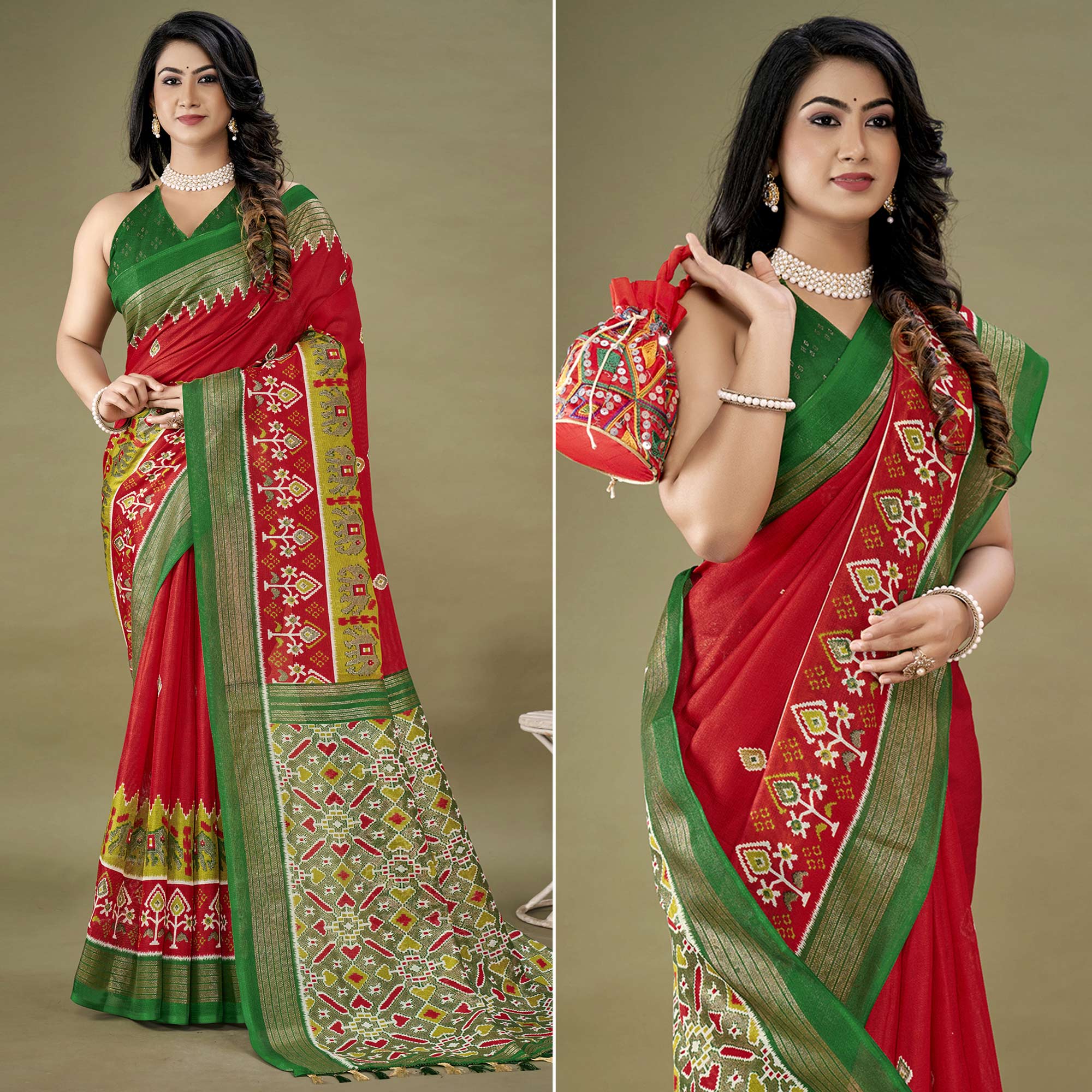 Red Printed Jute Patola Saree