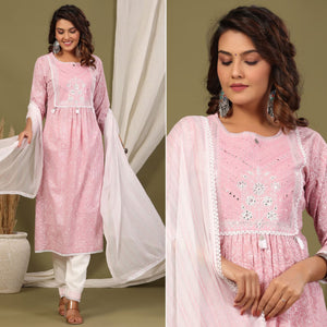 Pink Printed With Embroidered Pure Cotton Naira Cut Suit