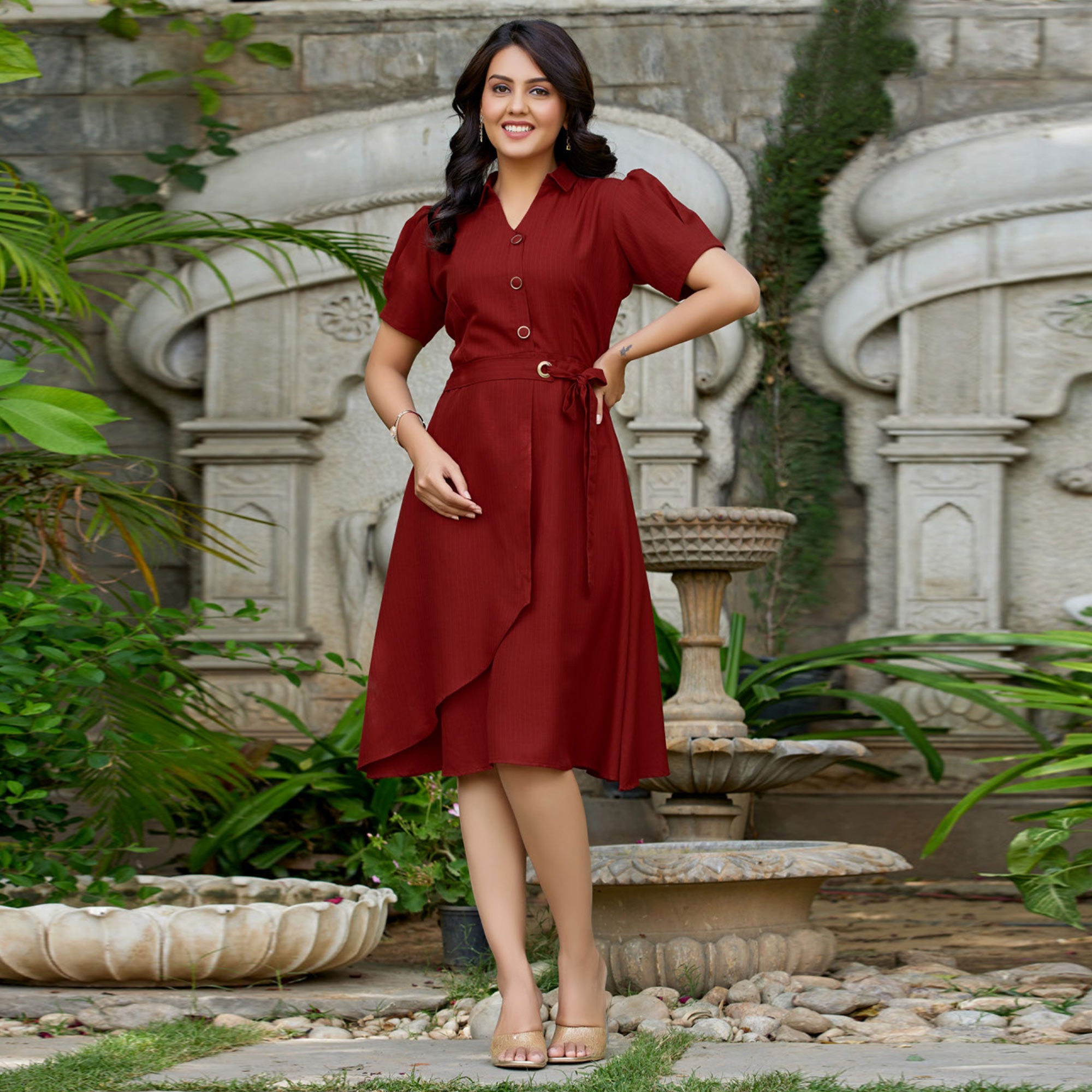 Maroon Solid Cotton Dress