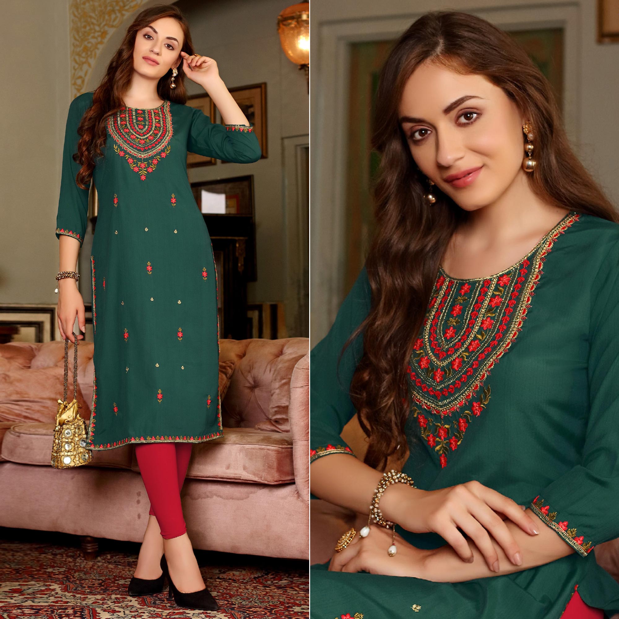 Green Floral Embroidered Muslin Kurti