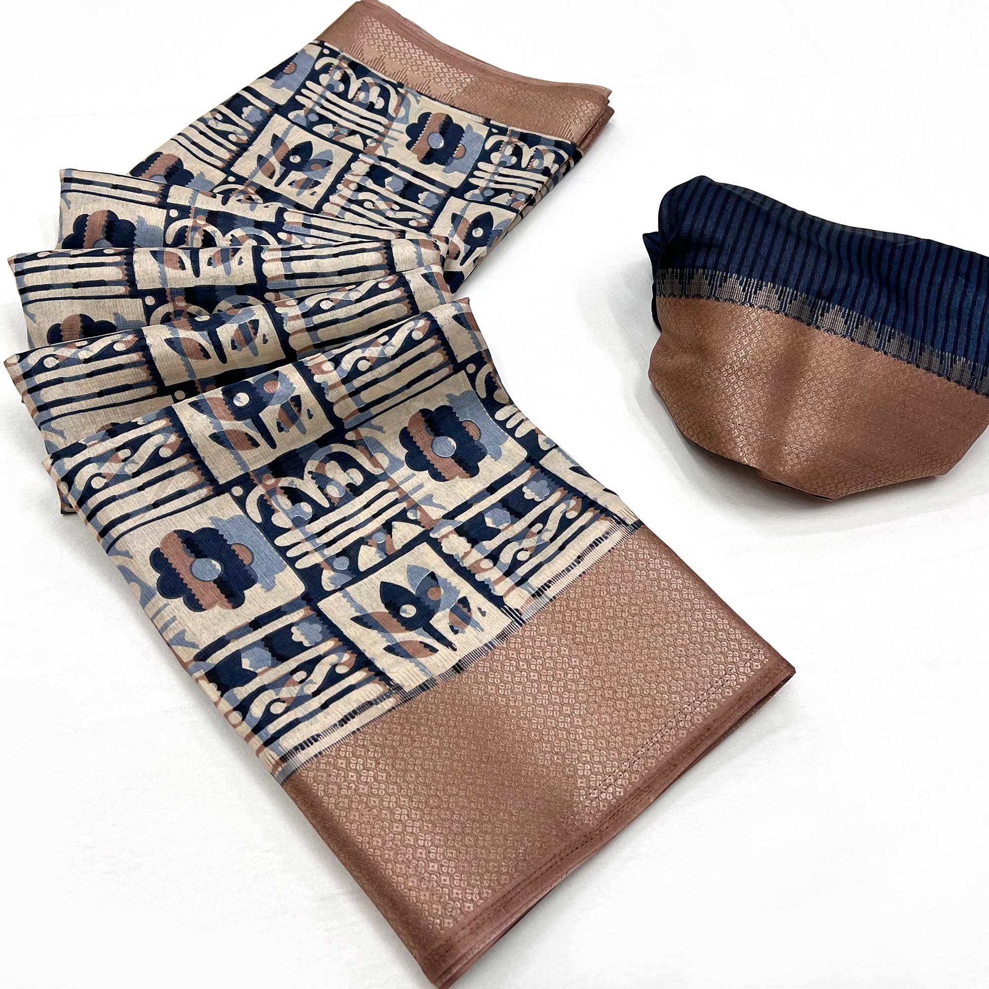 Navy Blue Printed With Woven Border Dola Silk Saree