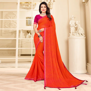 Orange Digital Striped Printed Chiffon Saree With Tassels