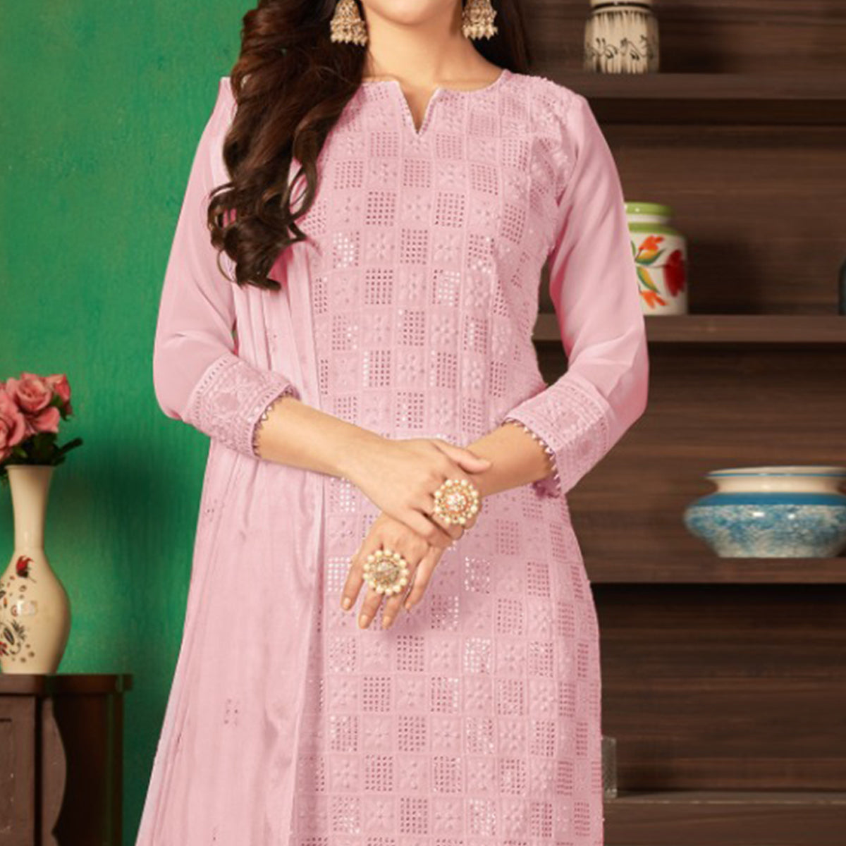 Pink Sequins Embroidered Georgette Suit