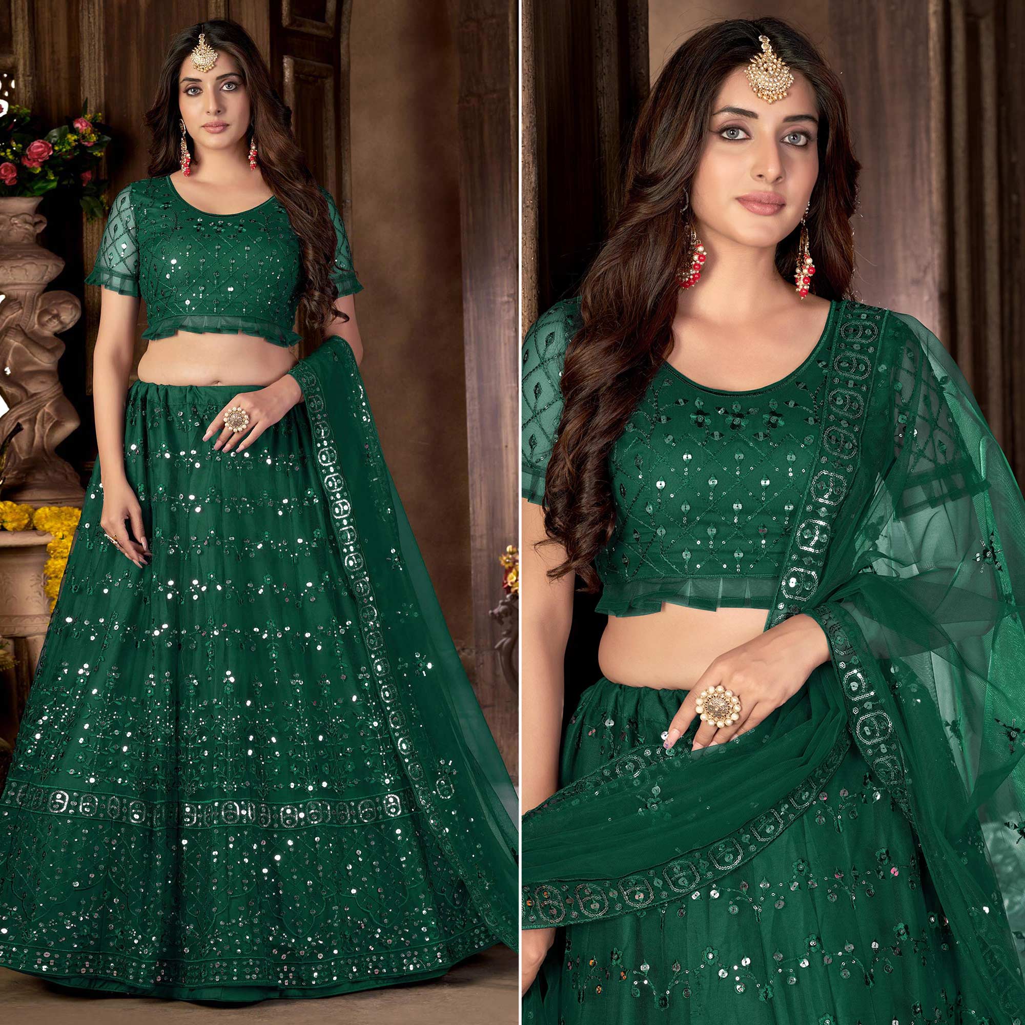Green Sequins Embroidered Net Lehenga Choli