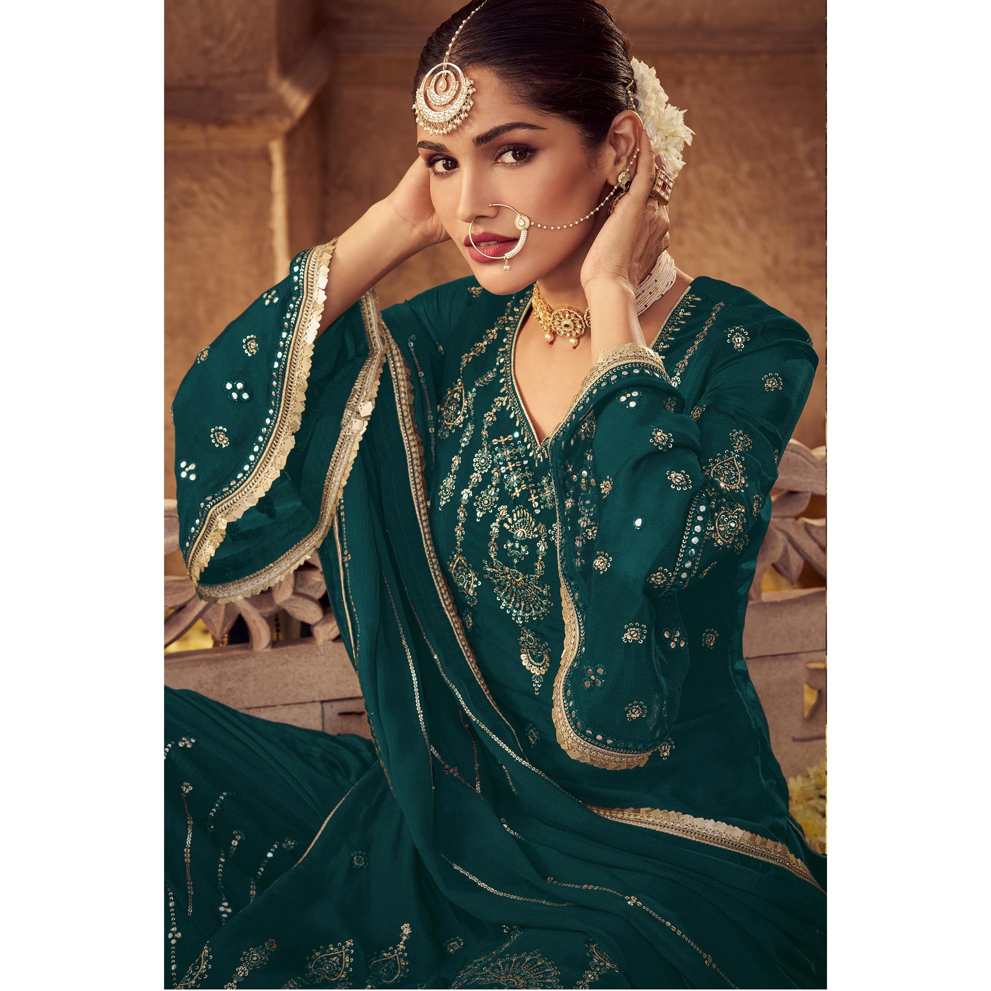 Sea Green Sequins Embroidered Georgette Sharara Suit