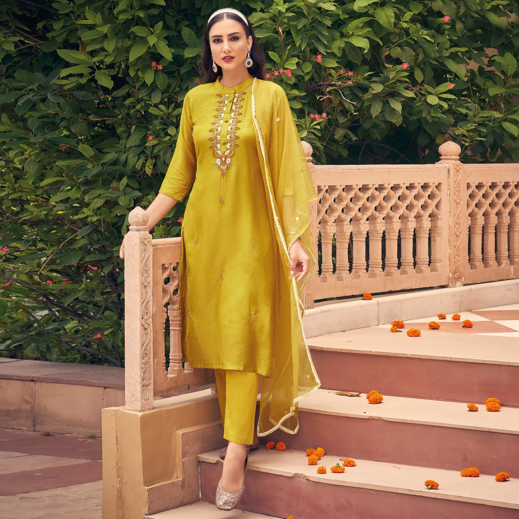 Mustard Embellished Viscose Salwar Suit