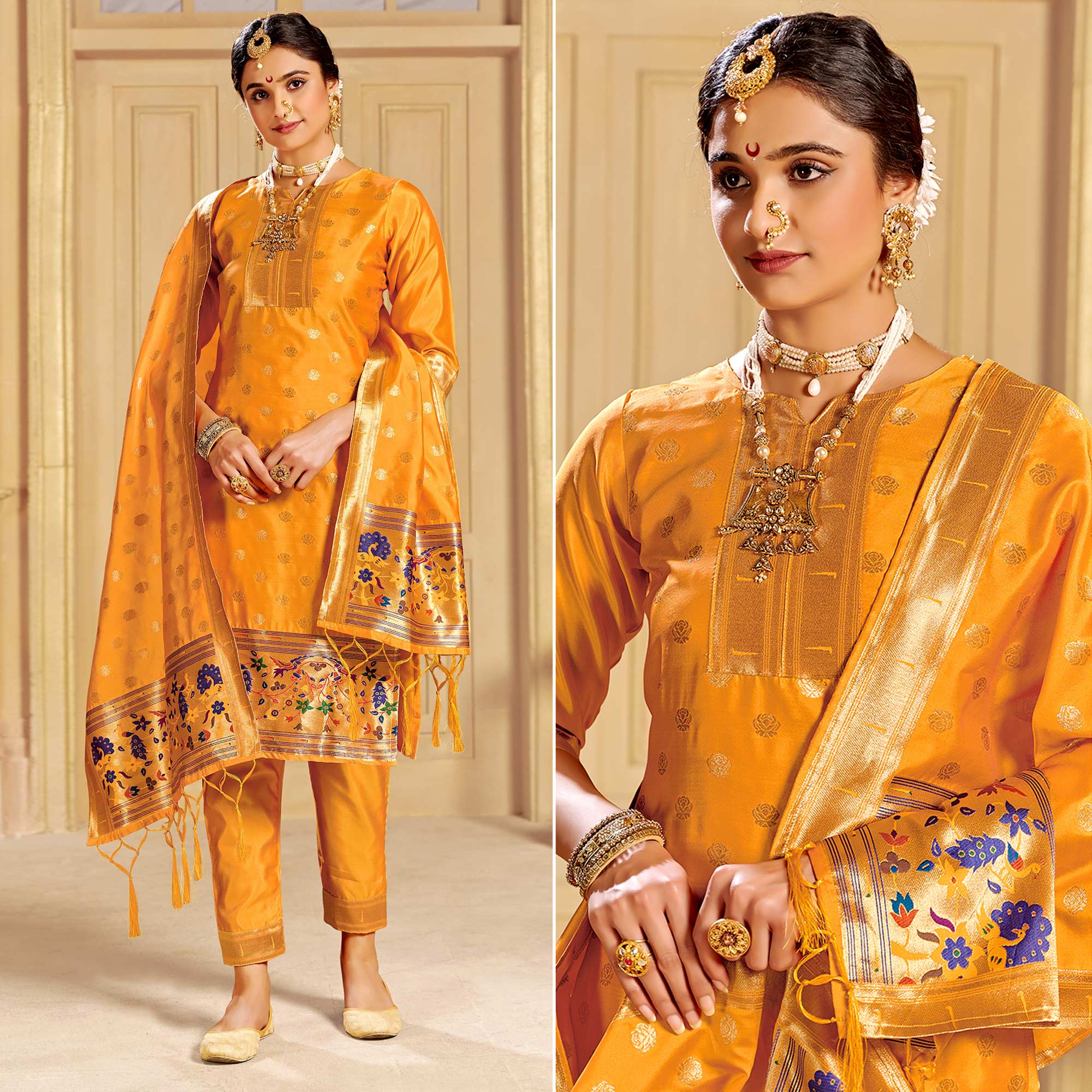 Yellow Floral Woven Tapetta Silk Salwar Suit