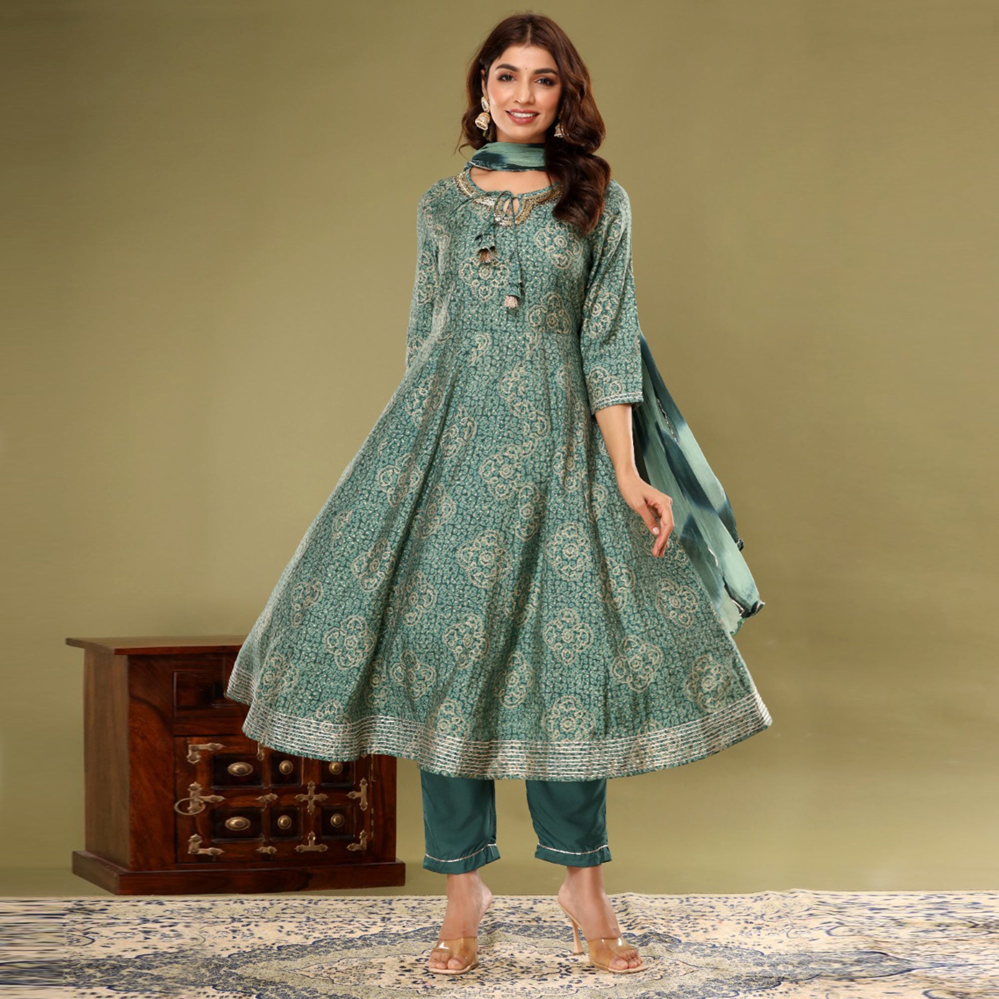 Green Printed With Gota Patti Work Muslin Anarkali Suit