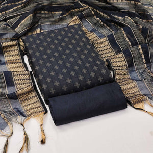 Navy Blue Woven Cotton Blend Dress Material