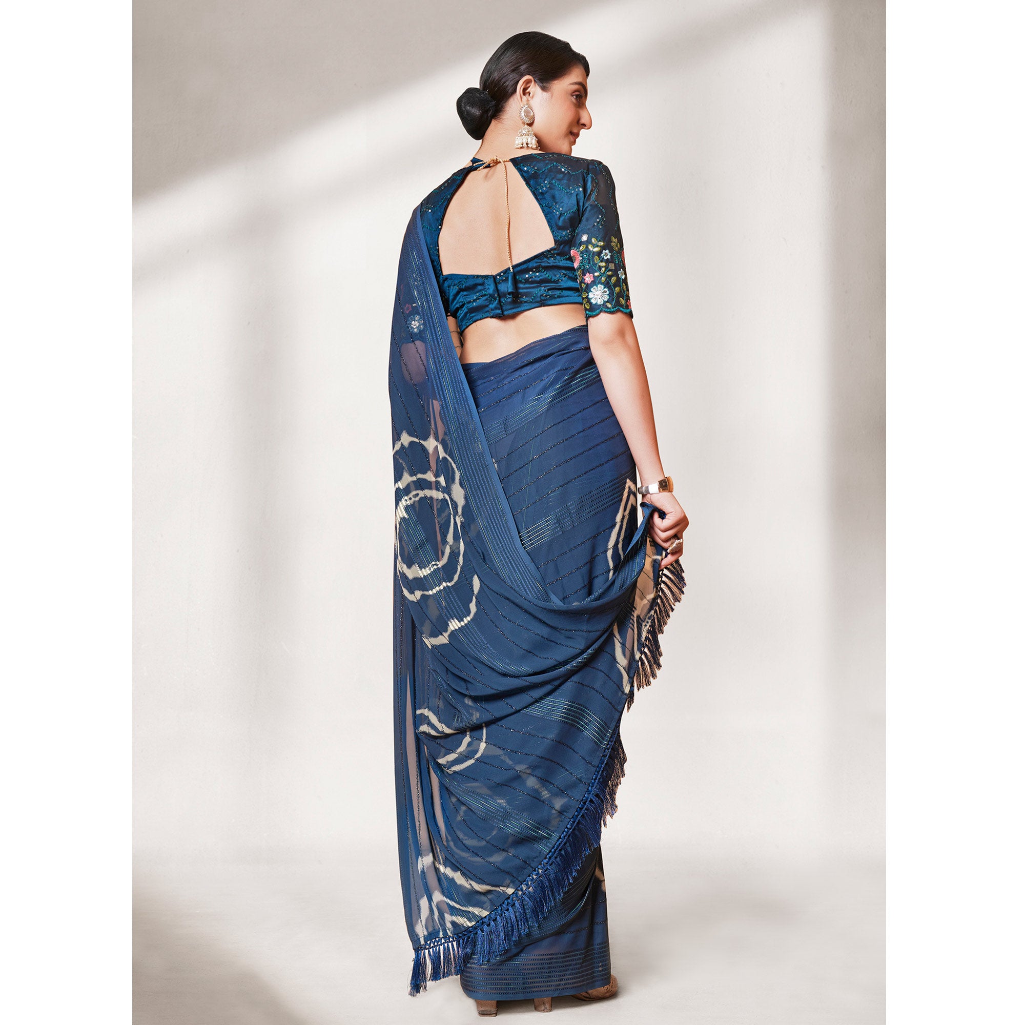 Teal Blue Printed Wiht Embroidered Georgette Saree