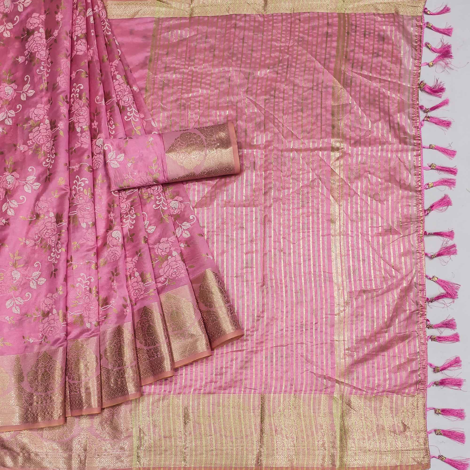 Pink Woven Organza Saree With Tassels