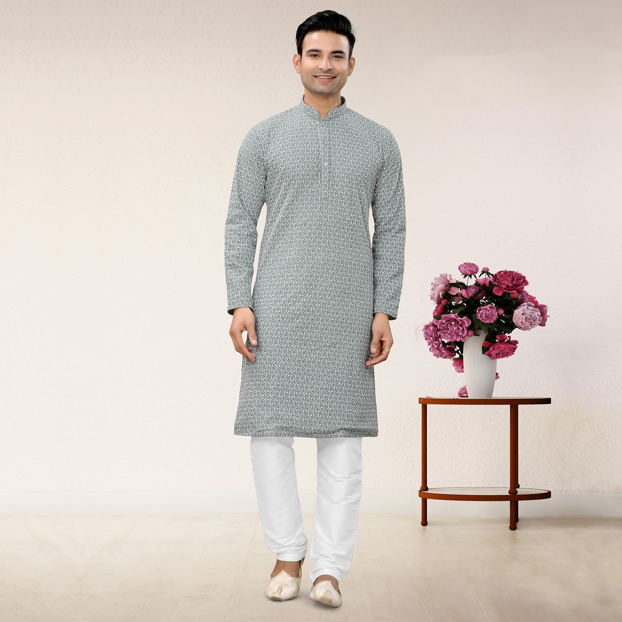 Smoke Blue Lucknowi Embroidered Georgette Kurta Pyjama Set