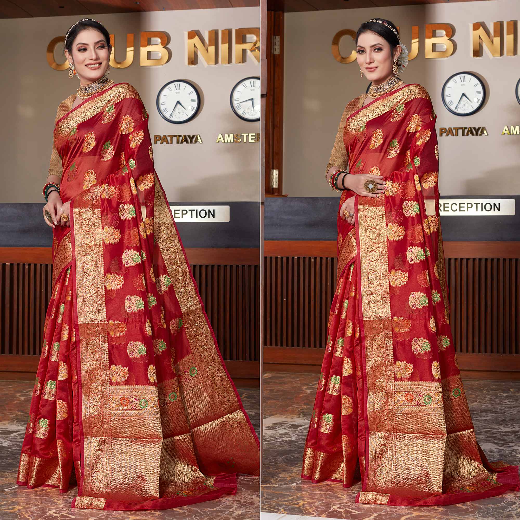 Red Floral Woven Organza Saree