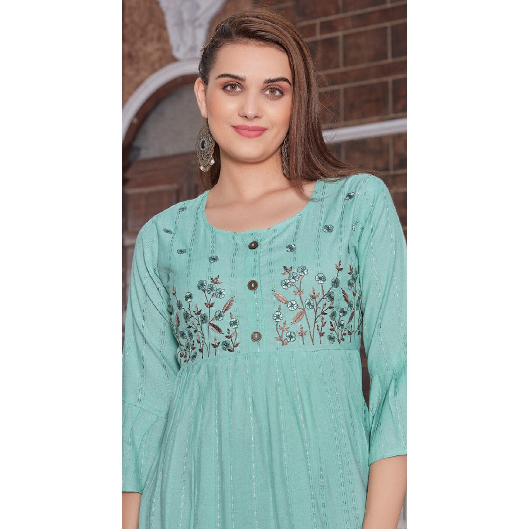 Turquoise Floral Embroidered Rayon Naira Cut Kurti