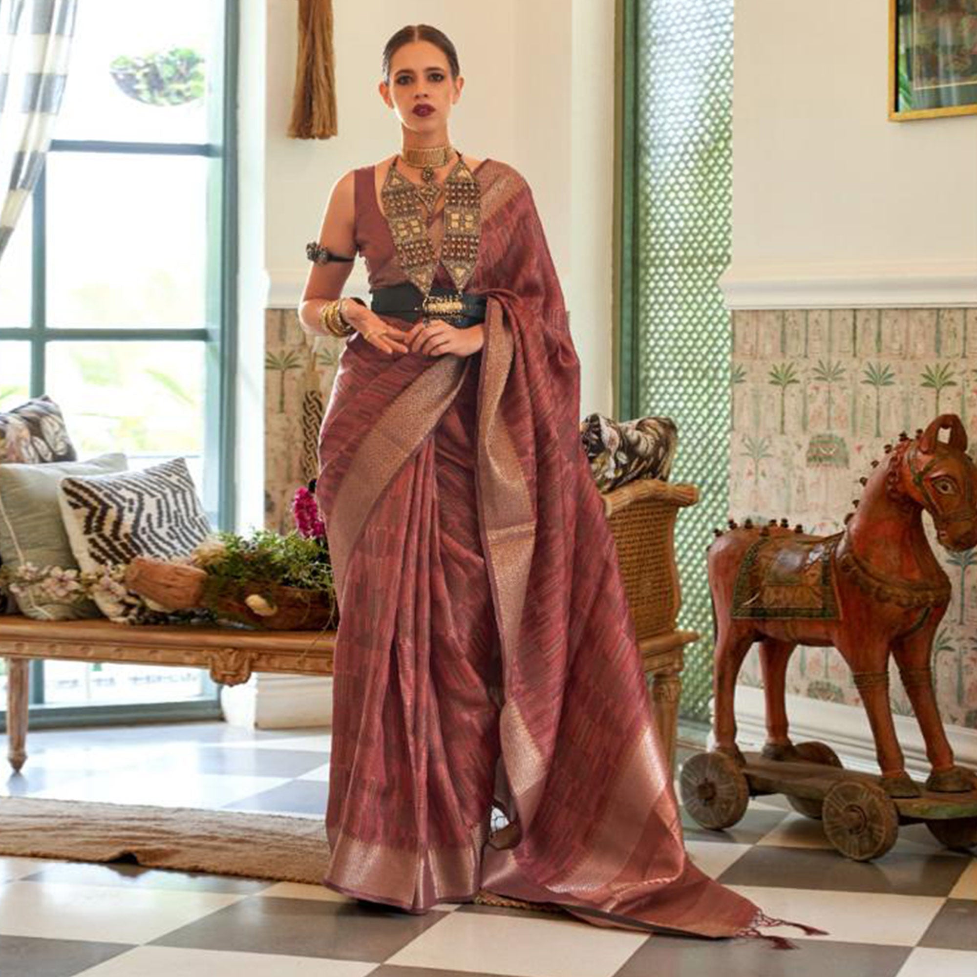 Brown Woven Organza Saree With Tassels