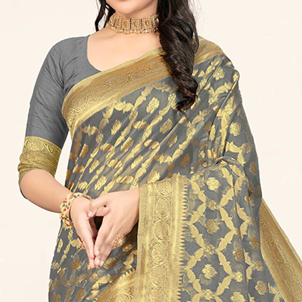 Grey Woven Cotton Saree With Tassels