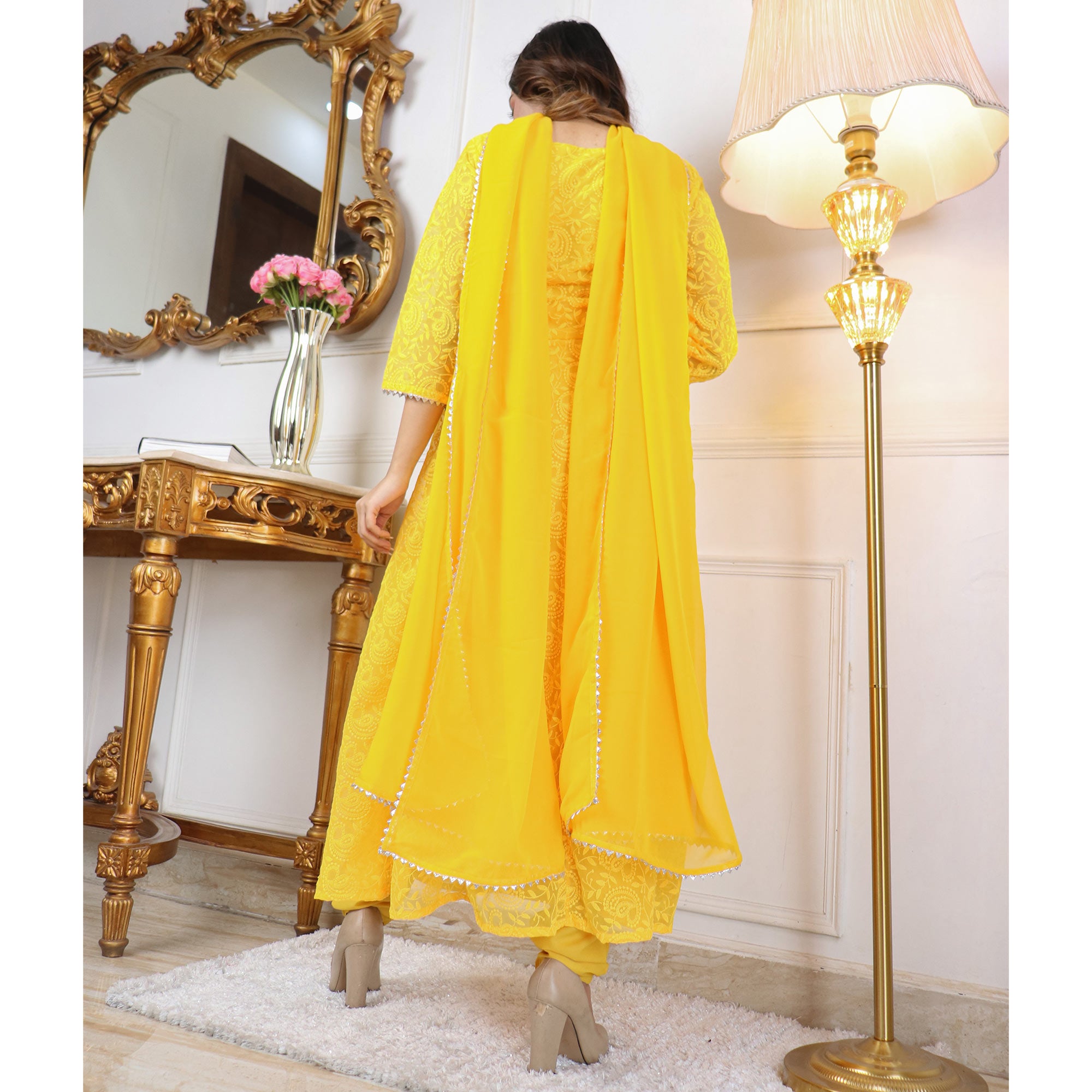 Yellow Chikankari Work Georgette Anarkali Suit
