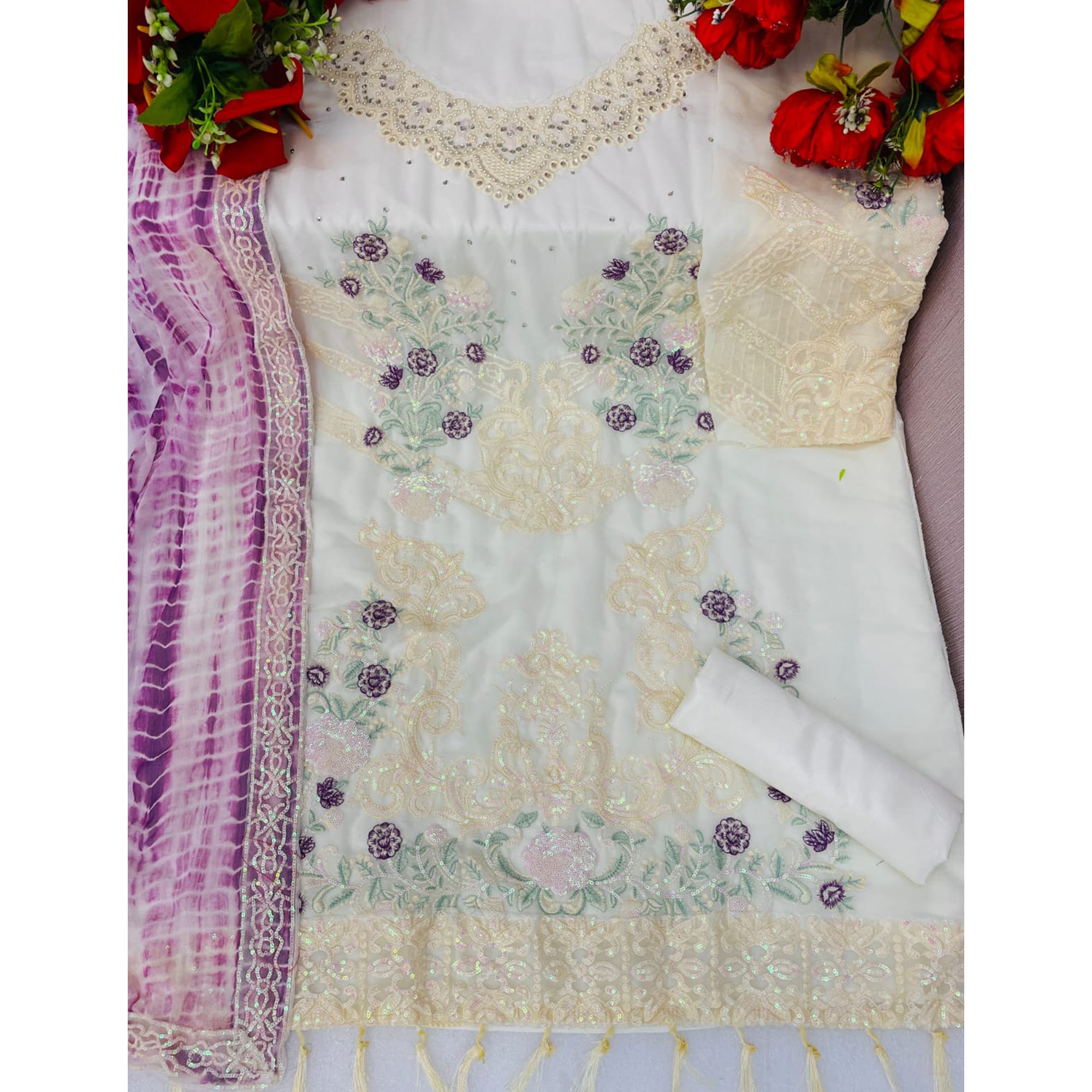 White Sequins Embroidered Georgette Pakistani Suit