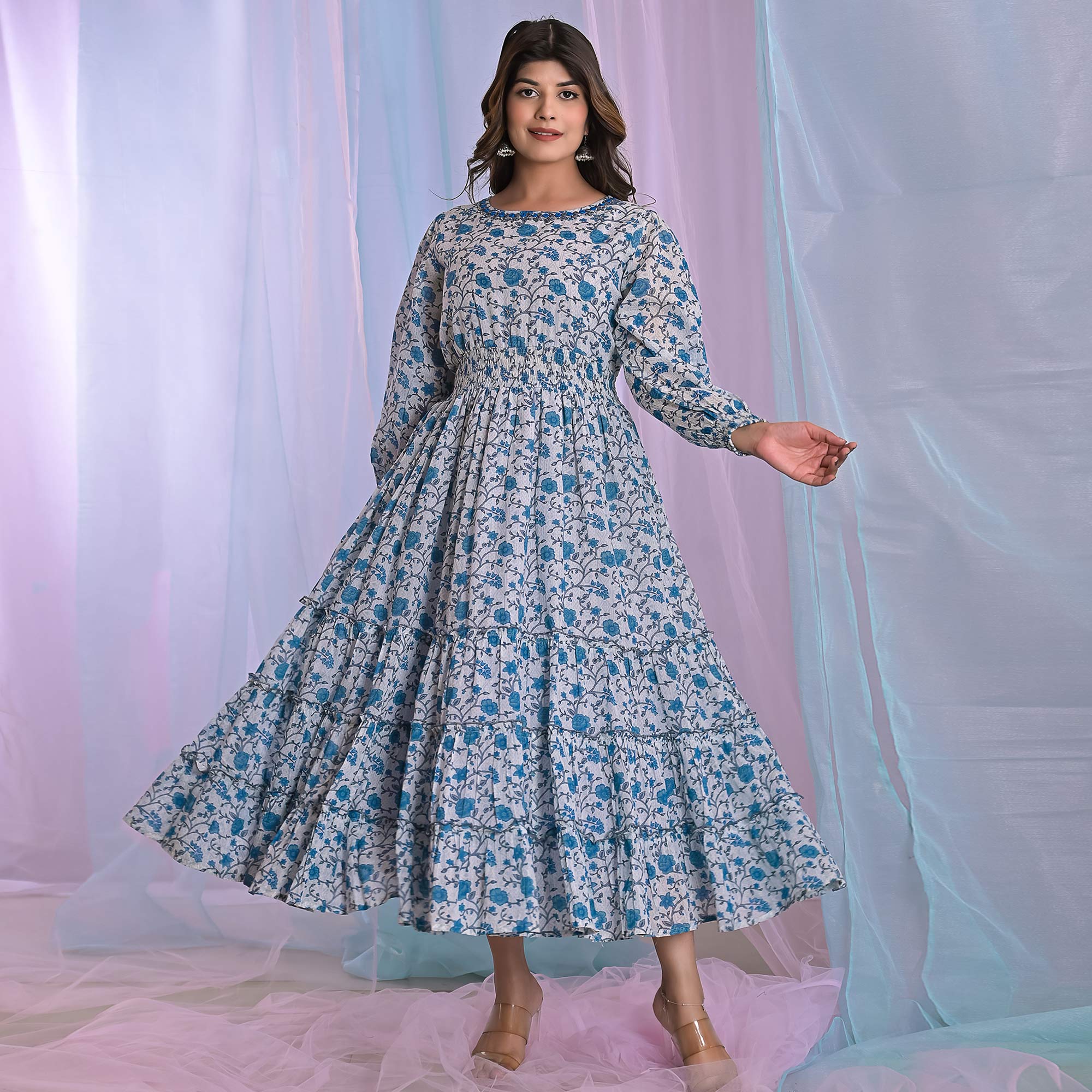 Blue Floral Printed Pure Cotton Dress