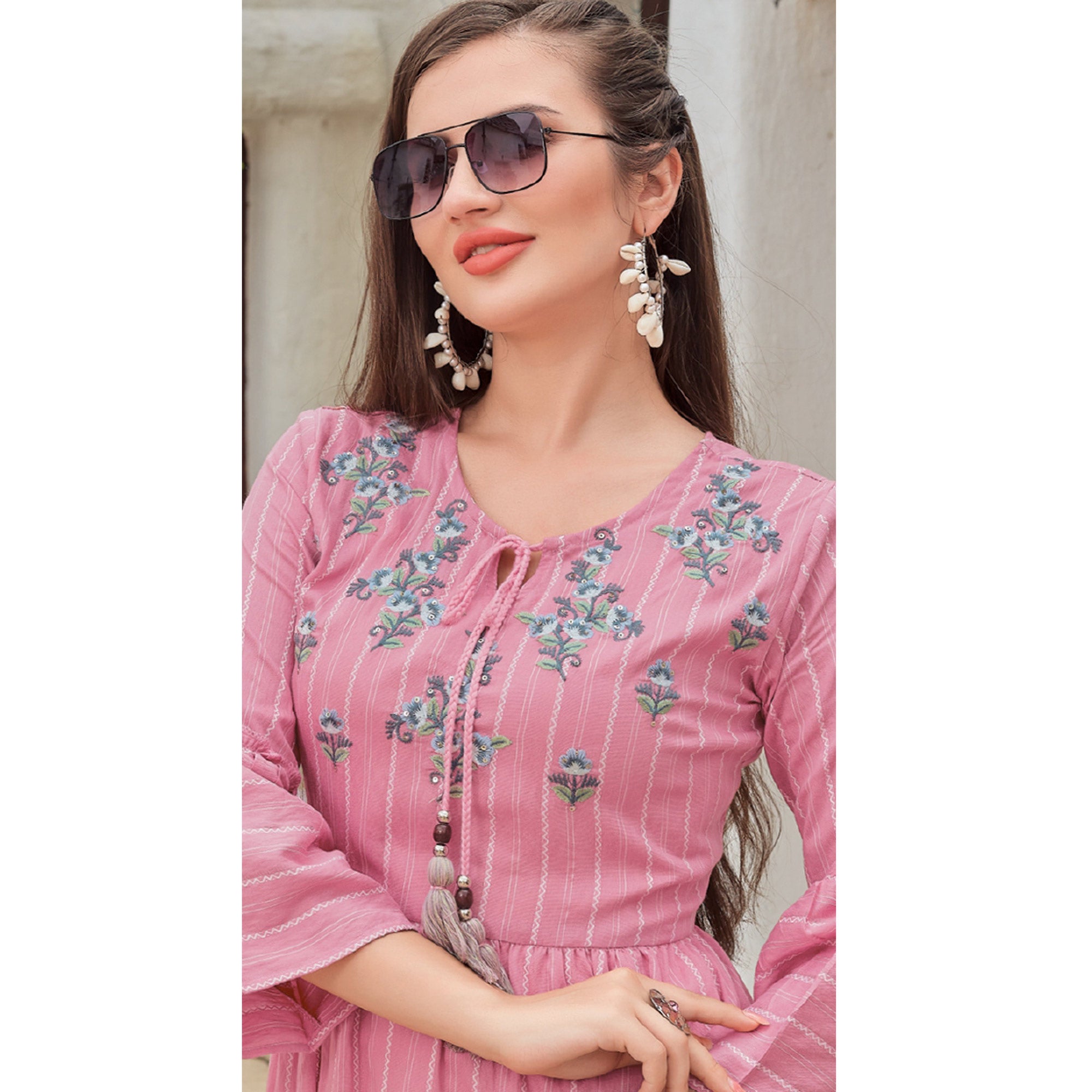 Pink Floral Embroidered Rayon Dress