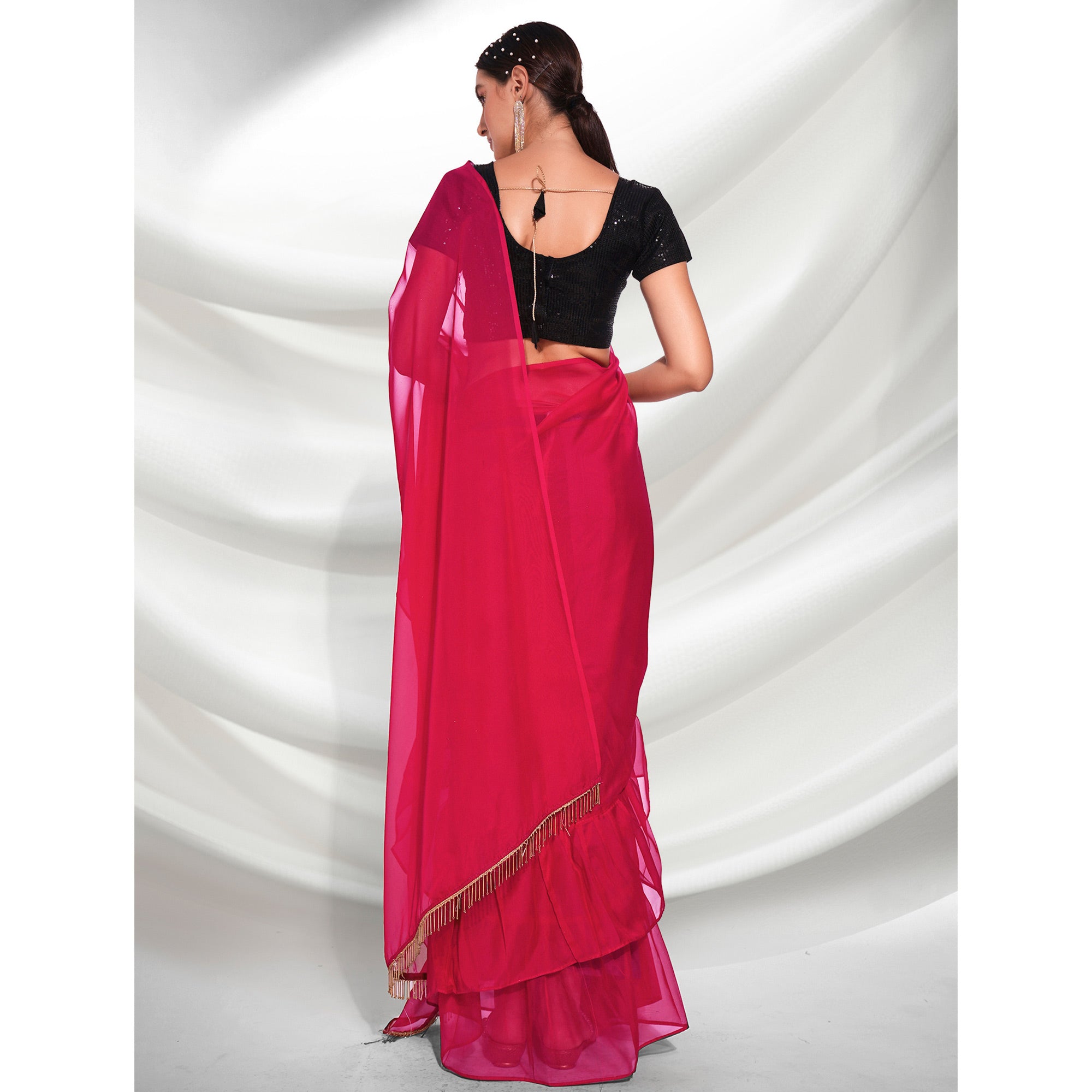 Pink Solid Organza Frill Saree