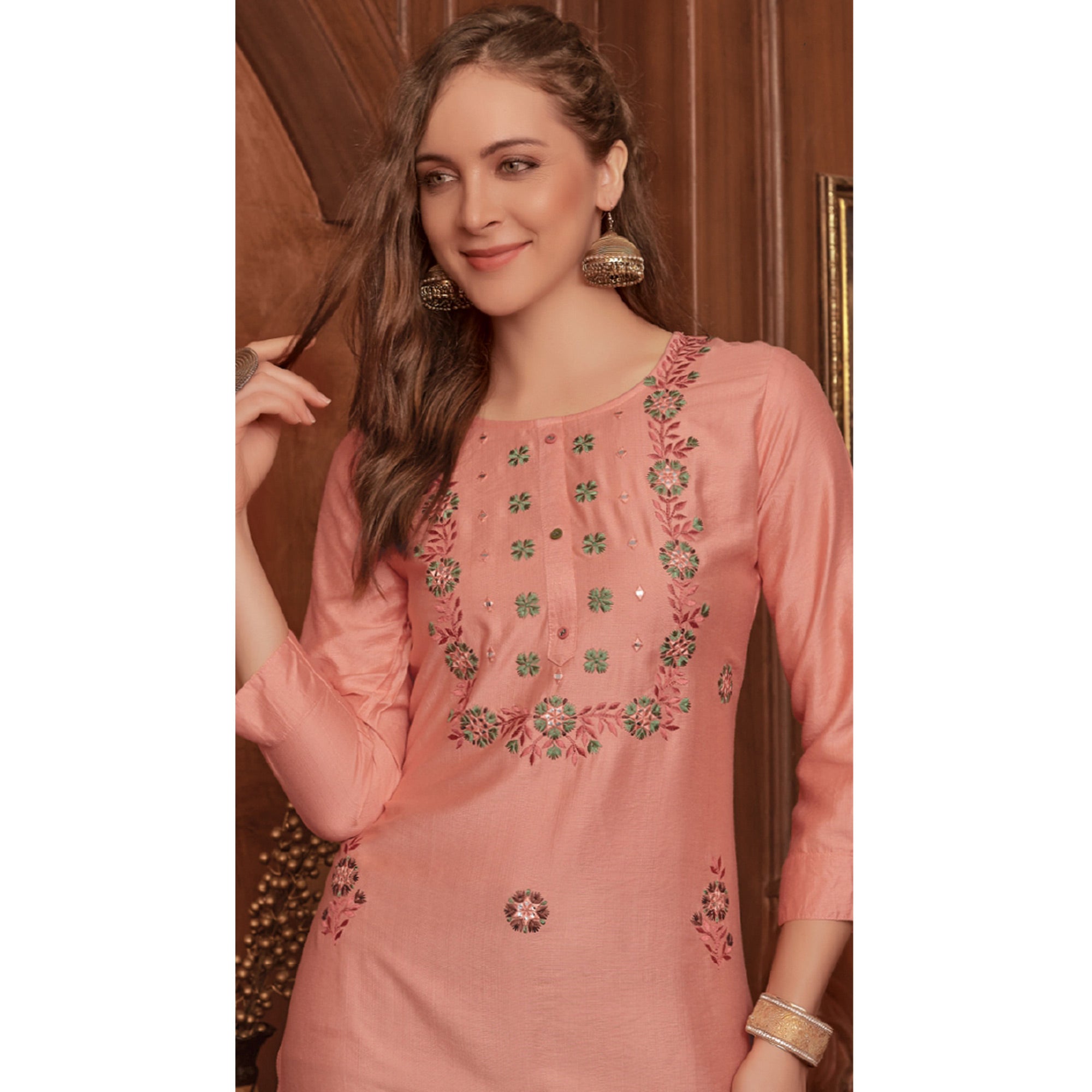 Peach Floral Embroidered Rayon Kurti