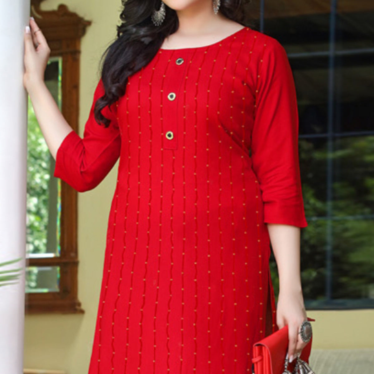 Red Embroidered Rayon Kurti