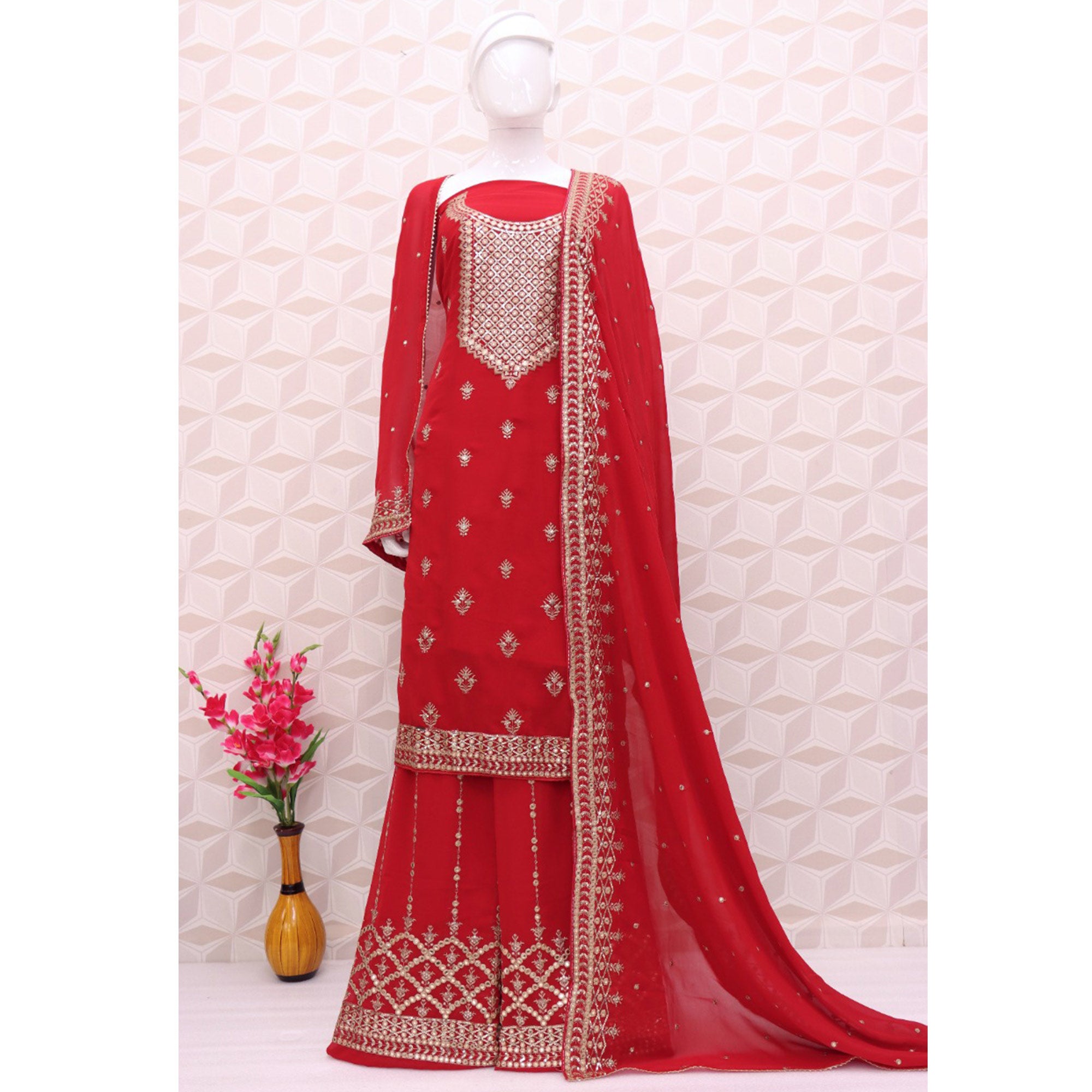 Red Embroidered Georgette Sharara Suit