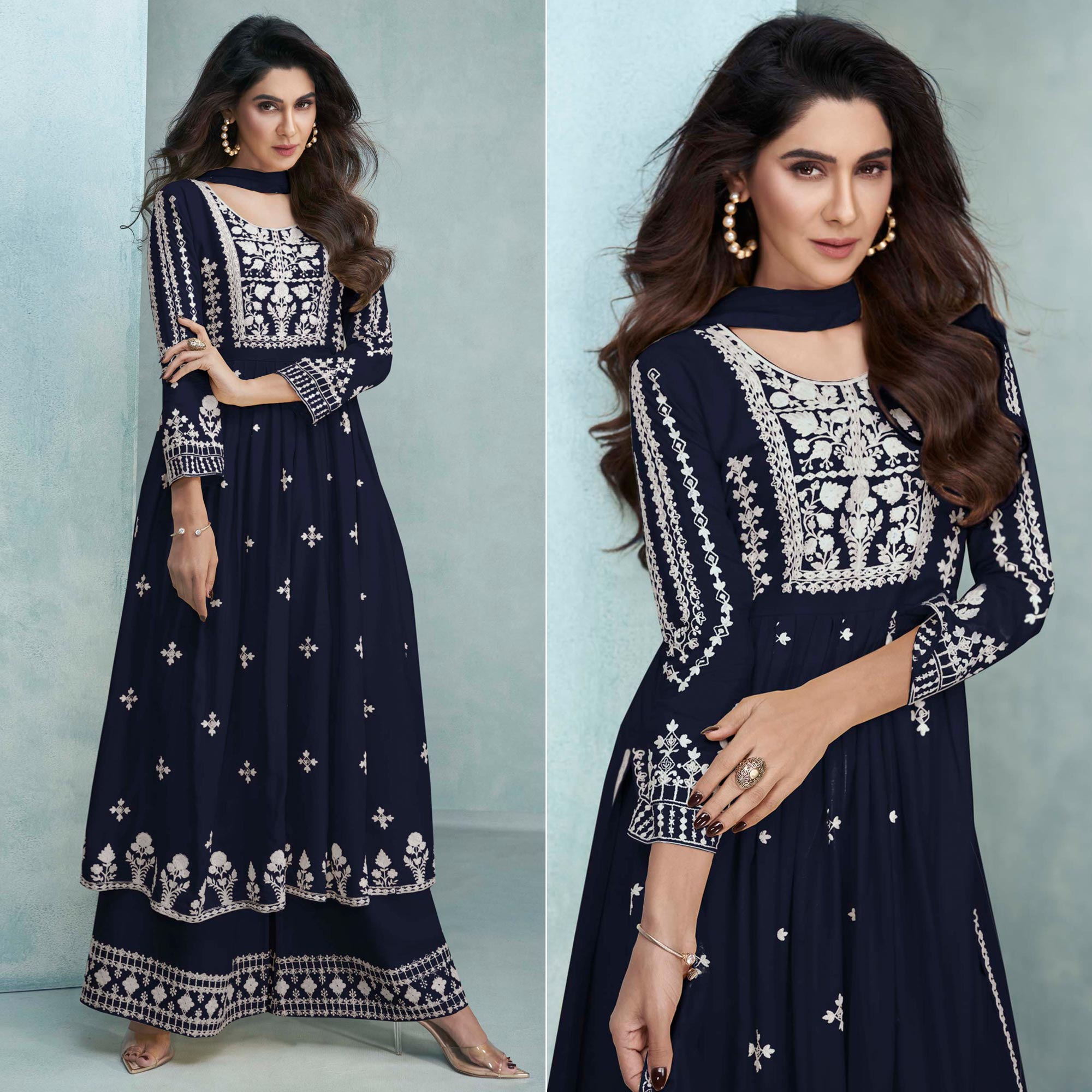 Blue Lucknowi Embroidered Rayon Palazzo Suit