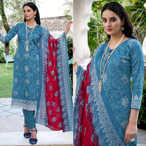 Blue Digital Printed With Mirror Work Pure Cotton Suit