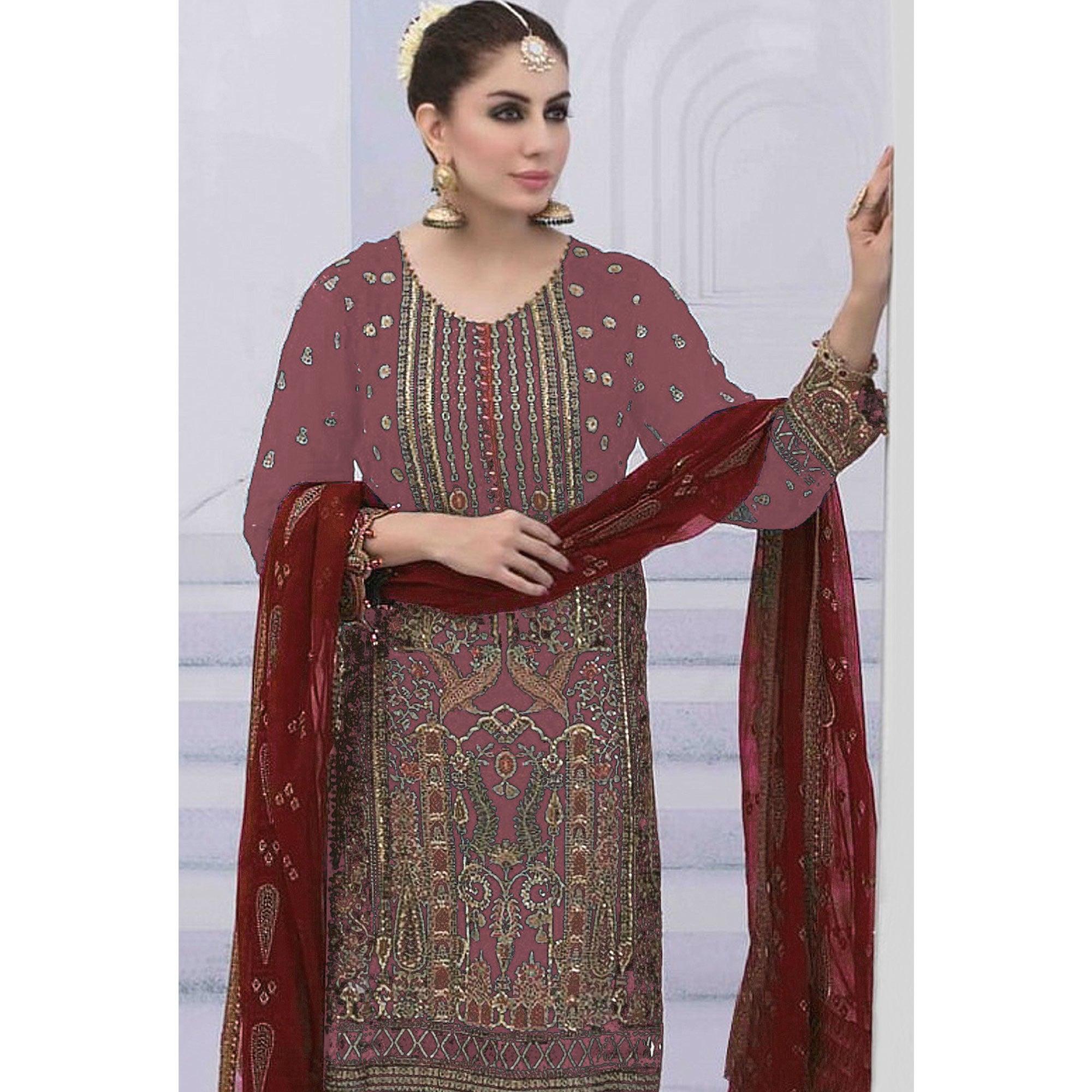 Mauve Embroidered Georgette Semi Stitched Pakistani Suit