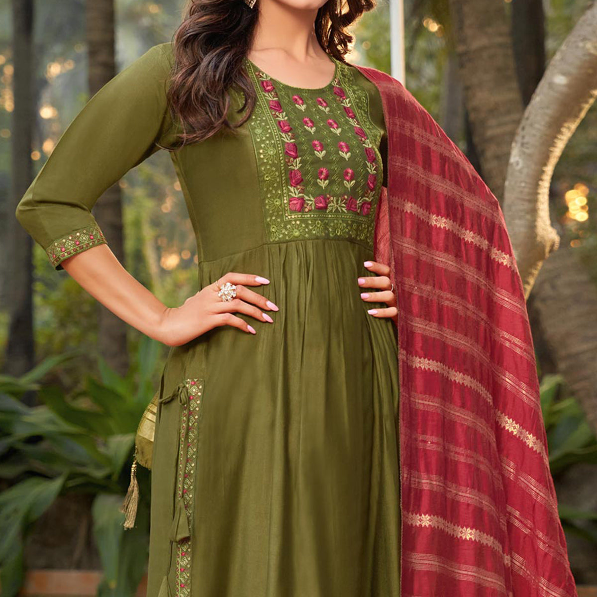 Olive Green Floral Embroidered Pure Silk Naira Cut Suit