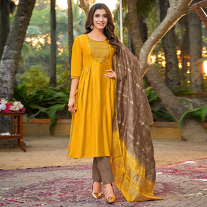 Mustard Floral Embroidered Pure Silk Naira Cut Suit