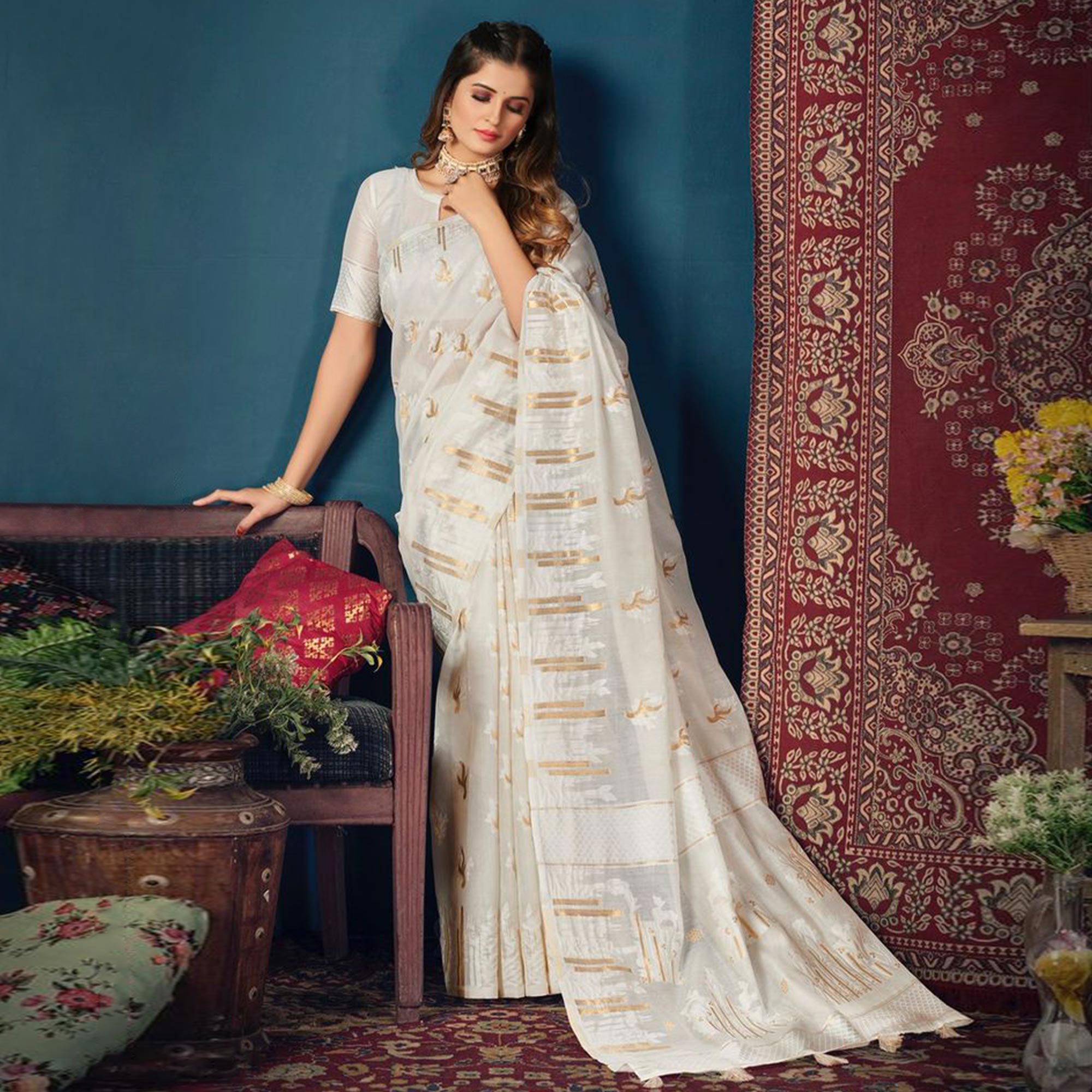 White Woven Cotton Blend Saree With Tassels