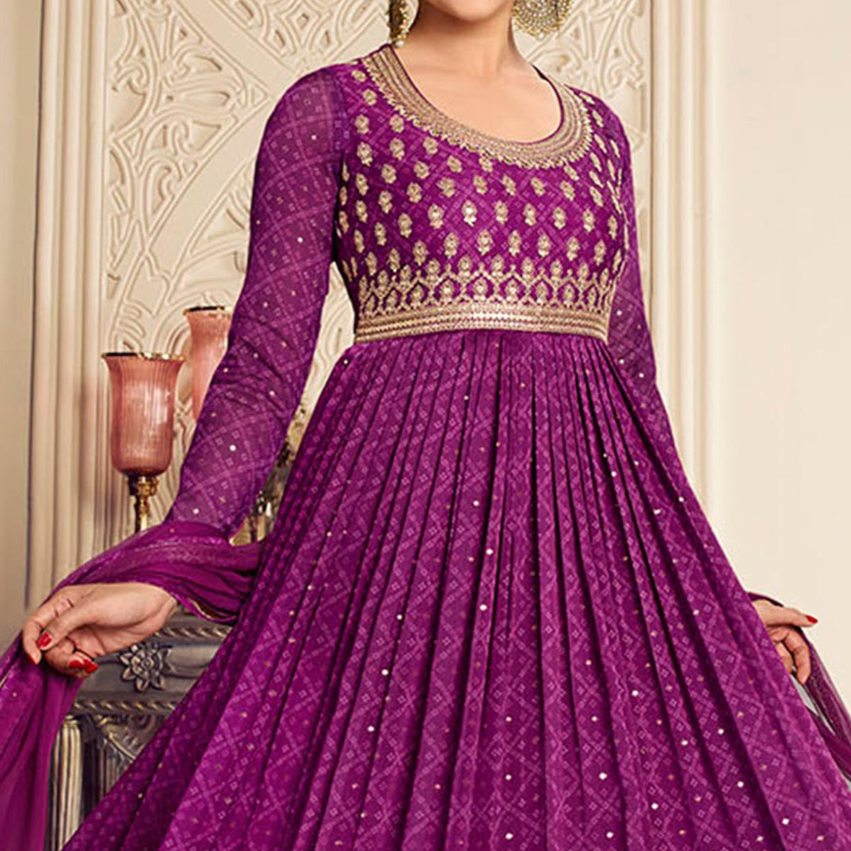 Purple Printed With Embroidered Chiffon Gown
