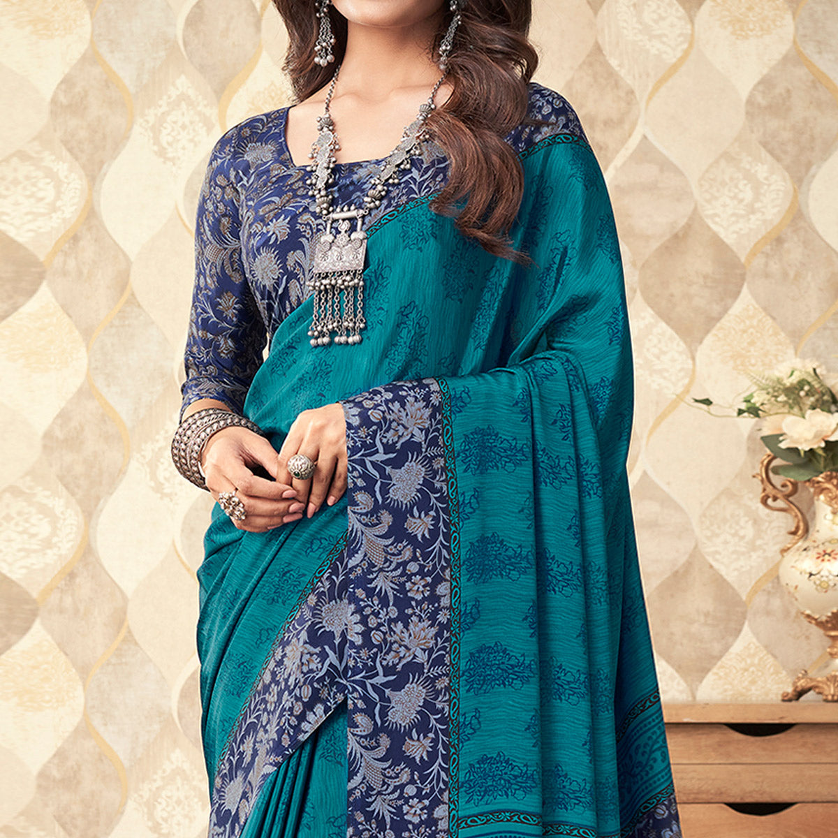 Teal Blue Printed Crepe Saree