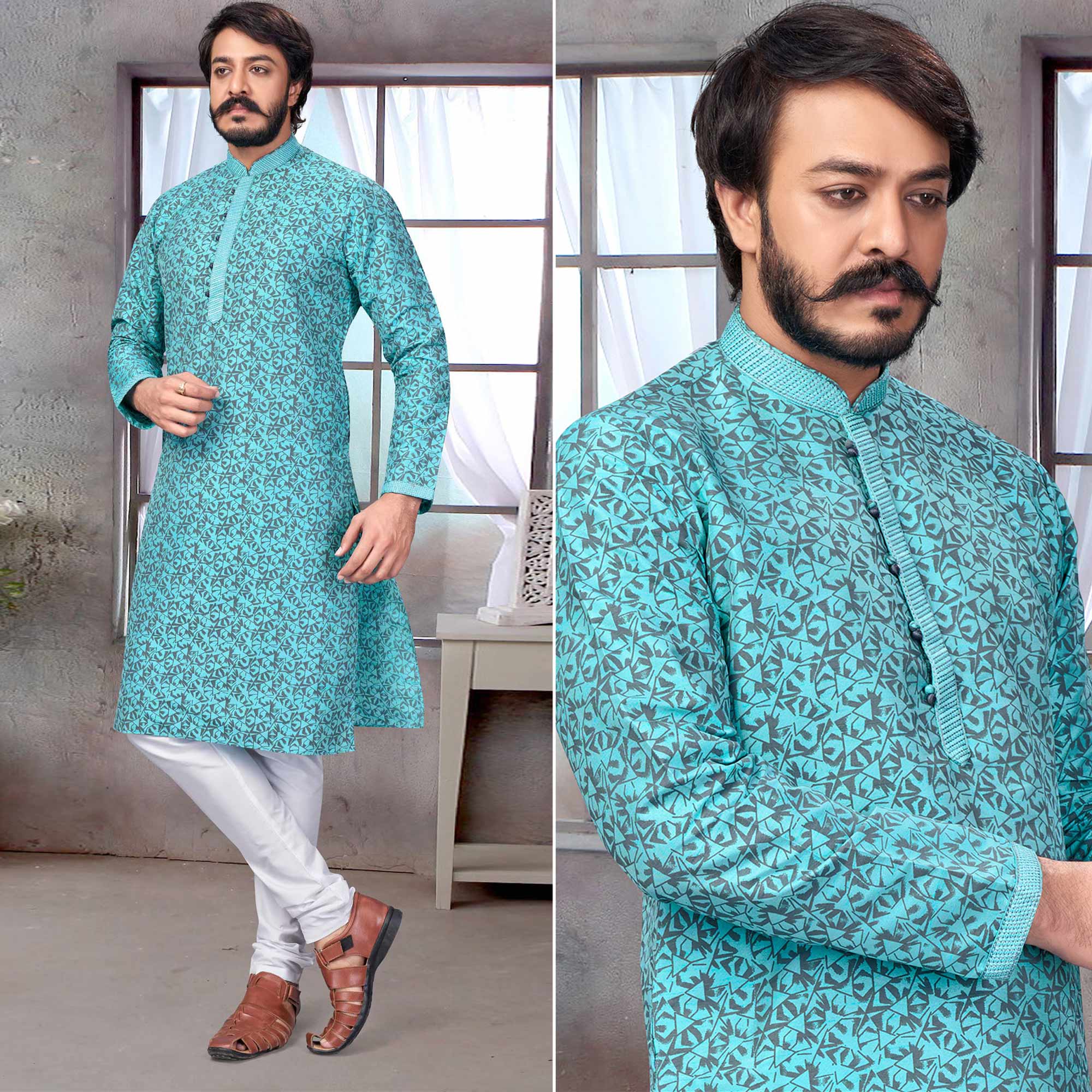 Blue Printed Jacquard Kurta Pyjama Set